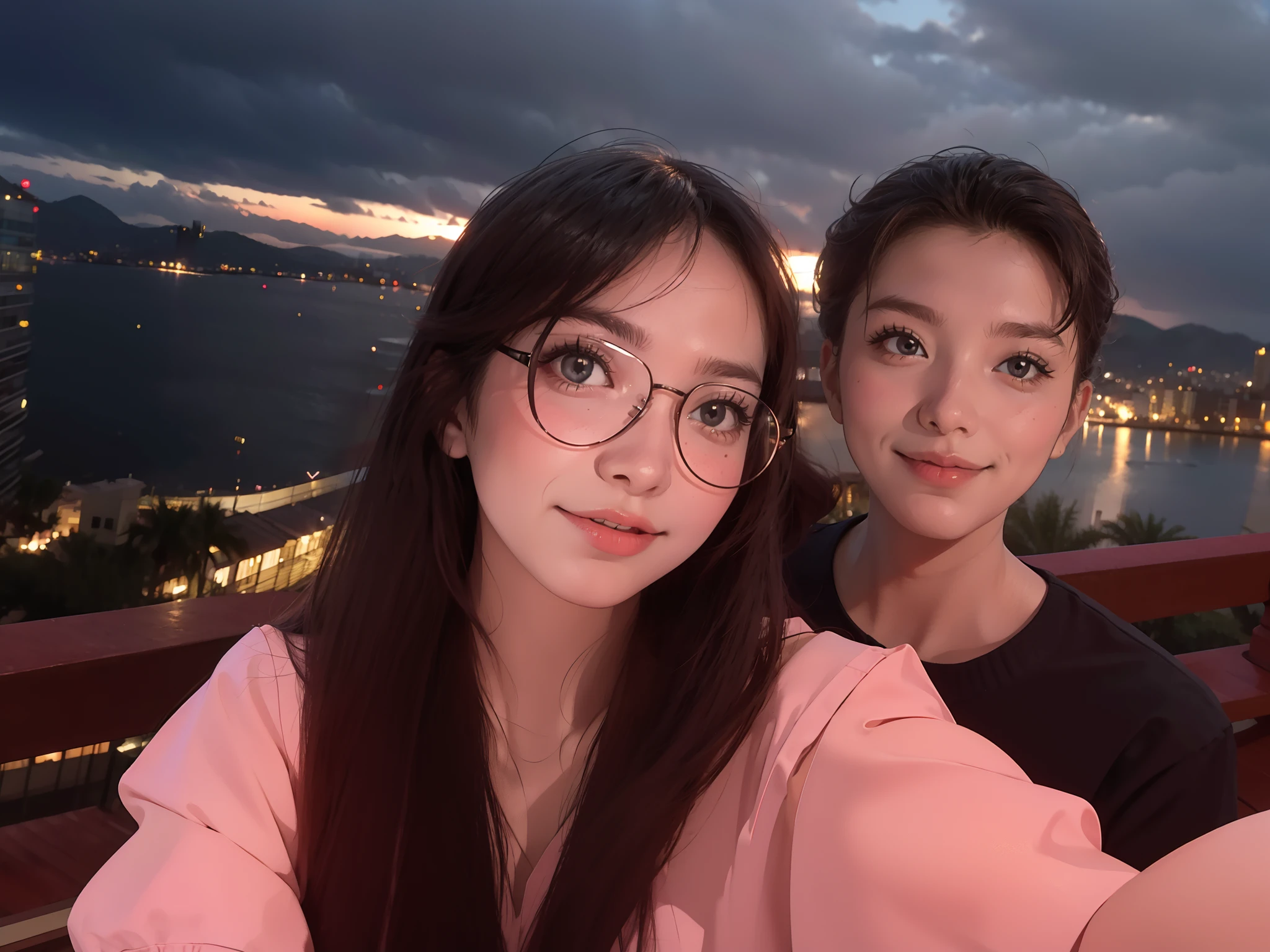 they are posing for a picture on a balcony overlooking the city, 8k selfie photograph, vacation photo, lovely couple, with her long, couple, happy couple