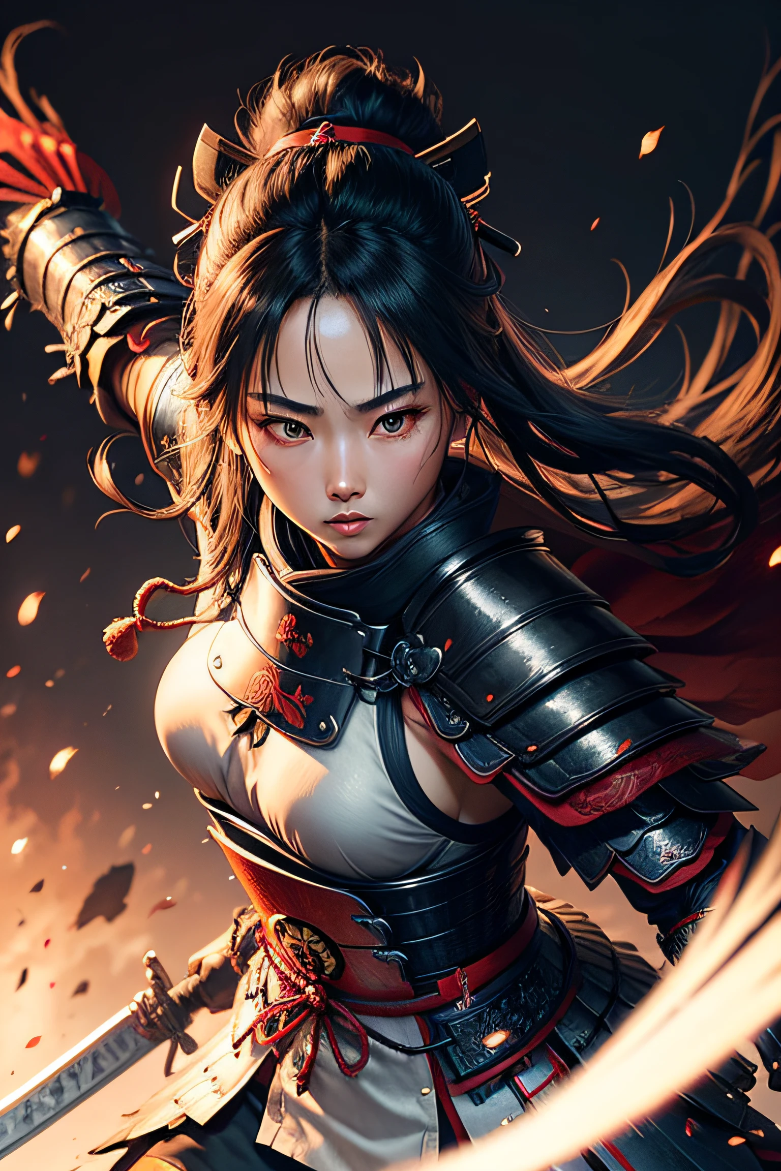 Beautiful Japanese woman steel samurai armor sethighly detailed image, ghost of tsushima, full body, Samurai sword. By leandrojsj