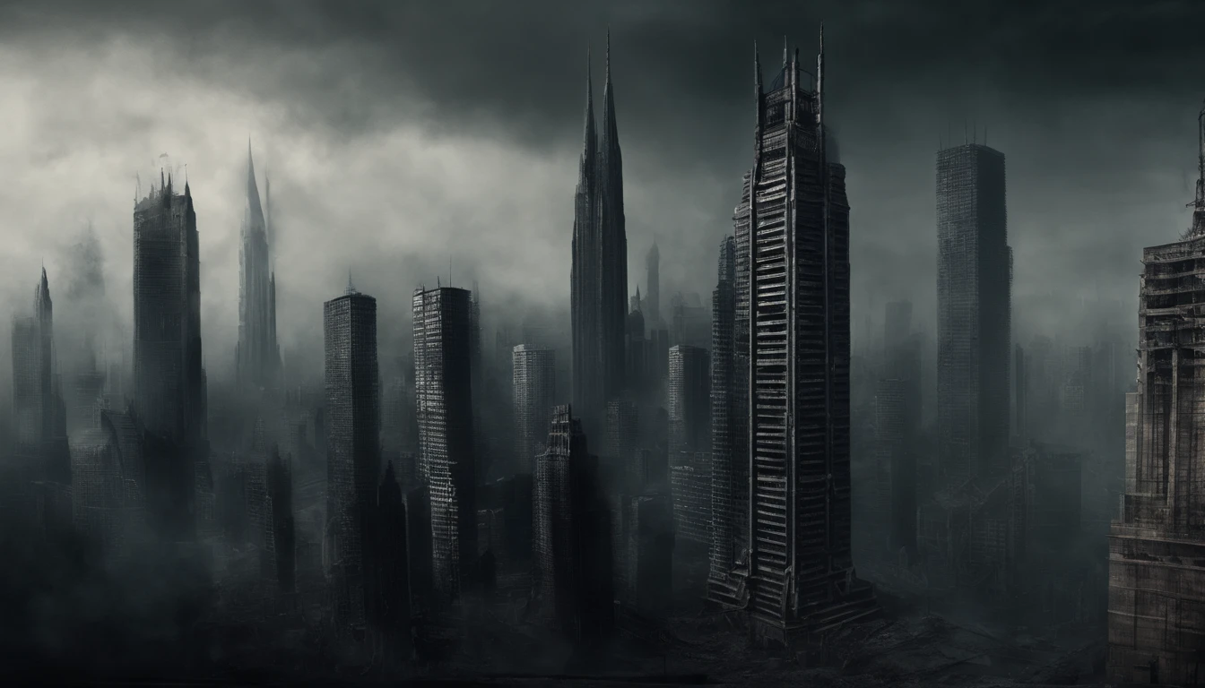 image of skyscrapers with a view of the street looking up, tense and dry environment in the air, dark environment, contemporary clothes, bible, biblical stories, based on the story of the apocalypse from the old testament, 8k, cinematic, realistic