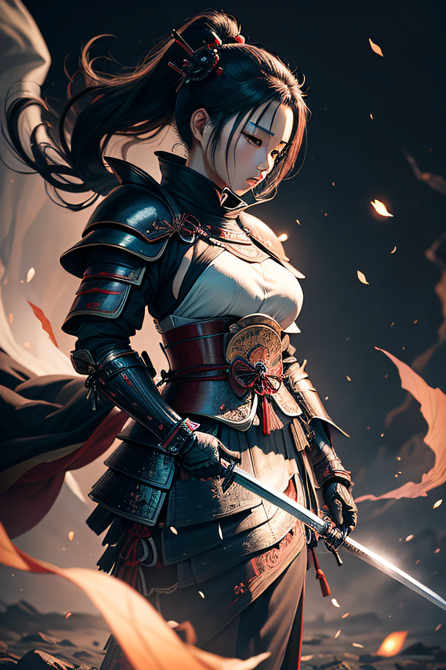 Beautiful Japanese woman steel samurai armor sethighly detailed image, ghost of tsushima, full body, Samurai sword. By leandrojsj