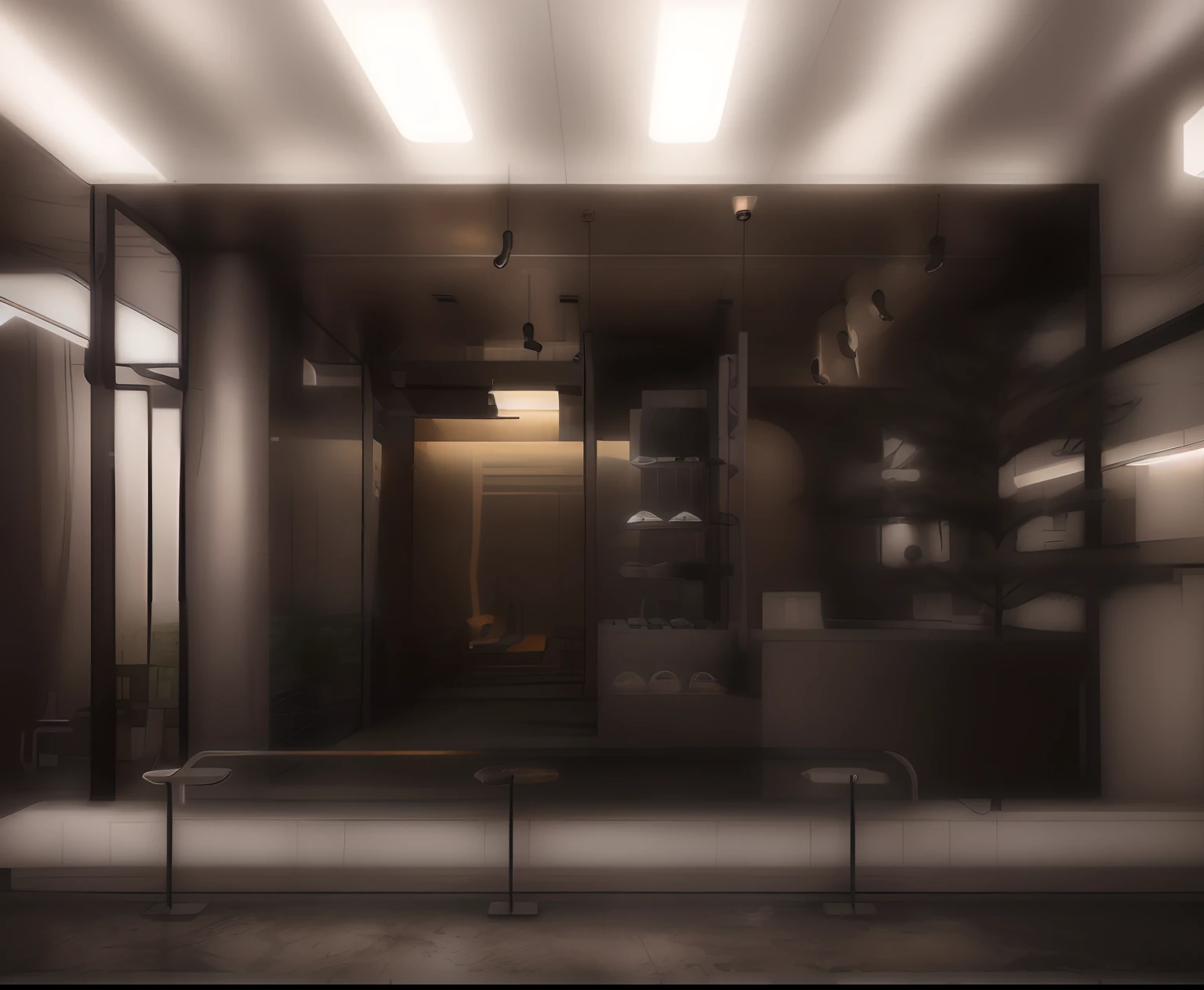 a photo of interior coffee shop with a metal structure, concrete wall, neon light, in the style of realistic renderings of the human form, modern, inox style, dark gray and light brown, calm and meditative, site-specific, nightlight, neo sign, soid, white metro tiles bench.