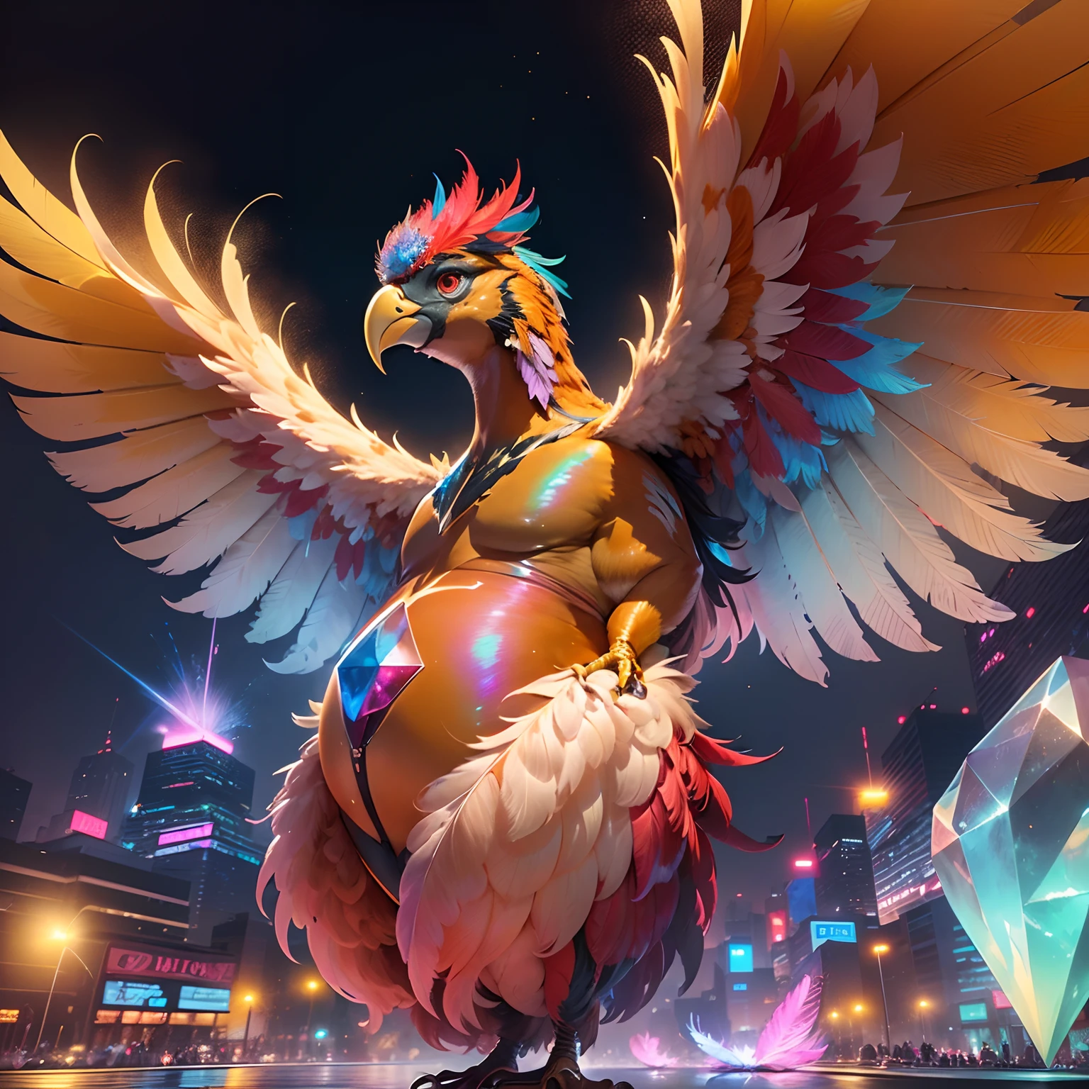 a bird、(Live action:1.4)、(Dynamic Angle:1.4), (Colorful:1.2), ( 16k wallpaper:1.1), (Denoising strength: 1.45), (tmasterpiece:1.37), of the highest quality, (Realistic), large bird, (large bird:1.3),(Iridescent feathers:1.4),,(Golden head feathers:1.4),((Stylish:1.3)),((big legs:1.1)),wires, (bright red face、bright red body:1.3),(Feathers on the sides of the face、Irridescent color:1.4),(Iridescent tail feathers), (a hologram:1.2), futuristic city street, (Blue beautiful gemstone on belly:1.5),Neon light, Skyscrapers, (Night:1.2), (Rainbow Model:1.2), 8K resolution, (Anime style:1.3), Cinematic lighting, chromatic abberation, spark of light, Ray tracing, blending, ultra wide-angle, Hasselblad, (masutepiece), (masutepiece), ((Best Quality)), ((masutepiece)), nffsw