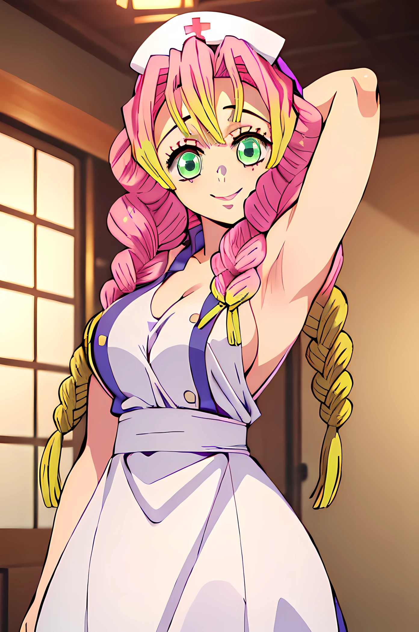 masterpiece, absurdres , (intricate details), (colorful),cinematic lighting, bust shot, extremely detailed CG unity 8k wallpaper, 1girl, Reiju, hair darker pink,complete Apron , with shoulder length hair,covering her right eye, curling upwards at the tips, nude, naked apron, kitchen, blush, looking at viewer, Reiju