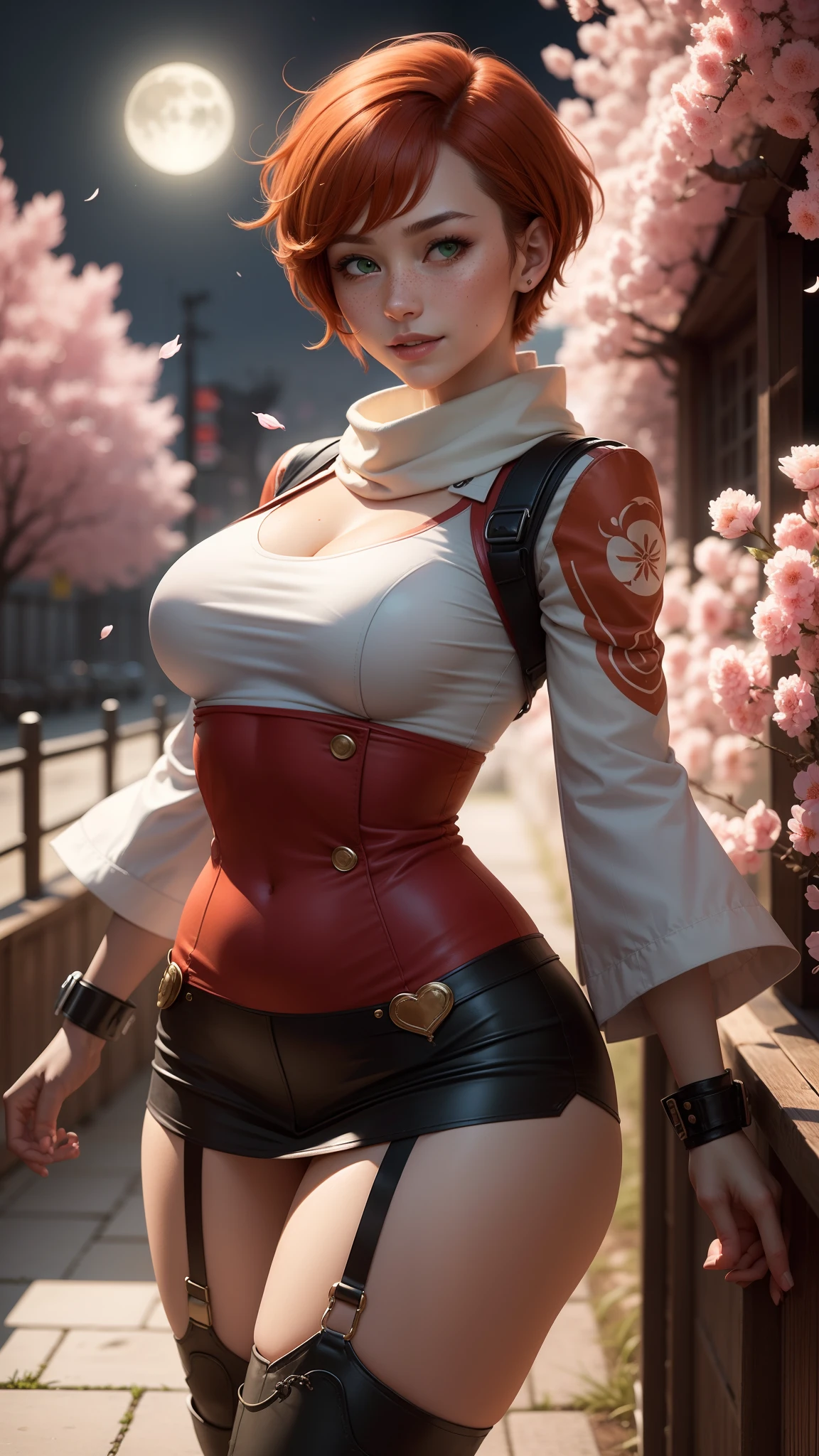 gwen tennyson,tracer,bulma,rebecca chambers,1girl,military uniform,japan, kimono,steel armor,green eyes,garter belt, thigh high boots,short hair,orange hair,moonlight,cherry blossom,shy smile,white striped top,bodycon skirt,freckles,redhead,beautiful girl,large breasts,ultra detailed,realistic,pilot scarf, striped panties,spread legs,