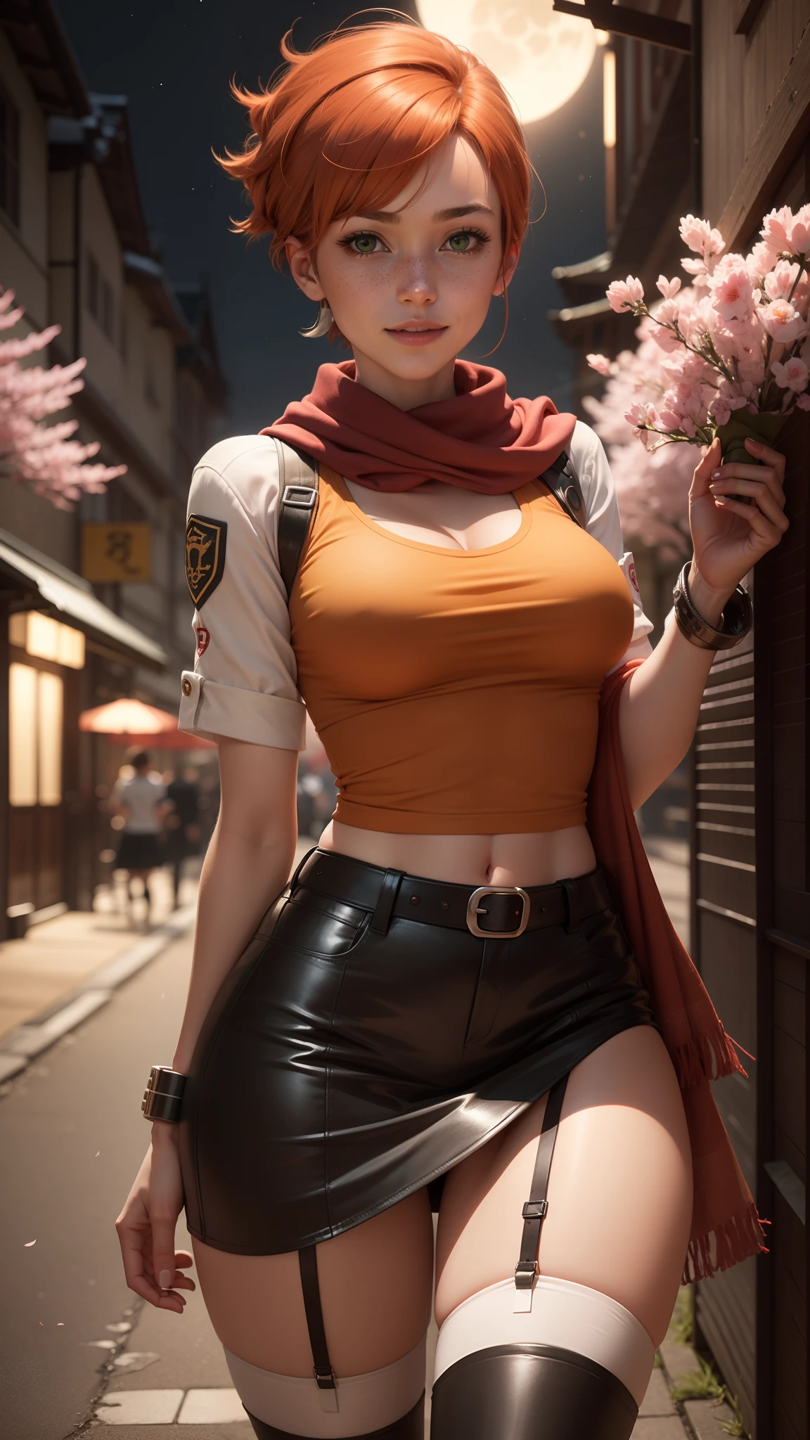 gwen tennyson,1girl,tracer,rebecca chambers,mai shiranui,military uniform,japan,kimono,steel armor,23 years old,green eyes,garter belt, thigh high boots,short hair,orange hair,moonlight,cherry blossom,shy smile,white striped top,bodycon skirt,freckles,redhead,beautiful girl,large breasts,ultra detailed,realistic,pilot scarf,