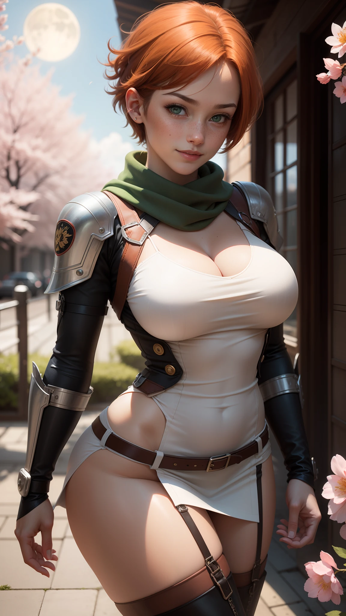 gwen tennyson,1girl,tracer,rebecca chambers,mai shiranui,military uniform,japan,kimono,steel armor,23 years old,green eyes,garter belt, thigh high boots,short hair,orange hair,moonlight,cherry blossom,shy smile,white striped top,bodycon skirt,freckles,redhead,beautiful girl,large breasts,ultra detailed,realistic,pilot scarf,