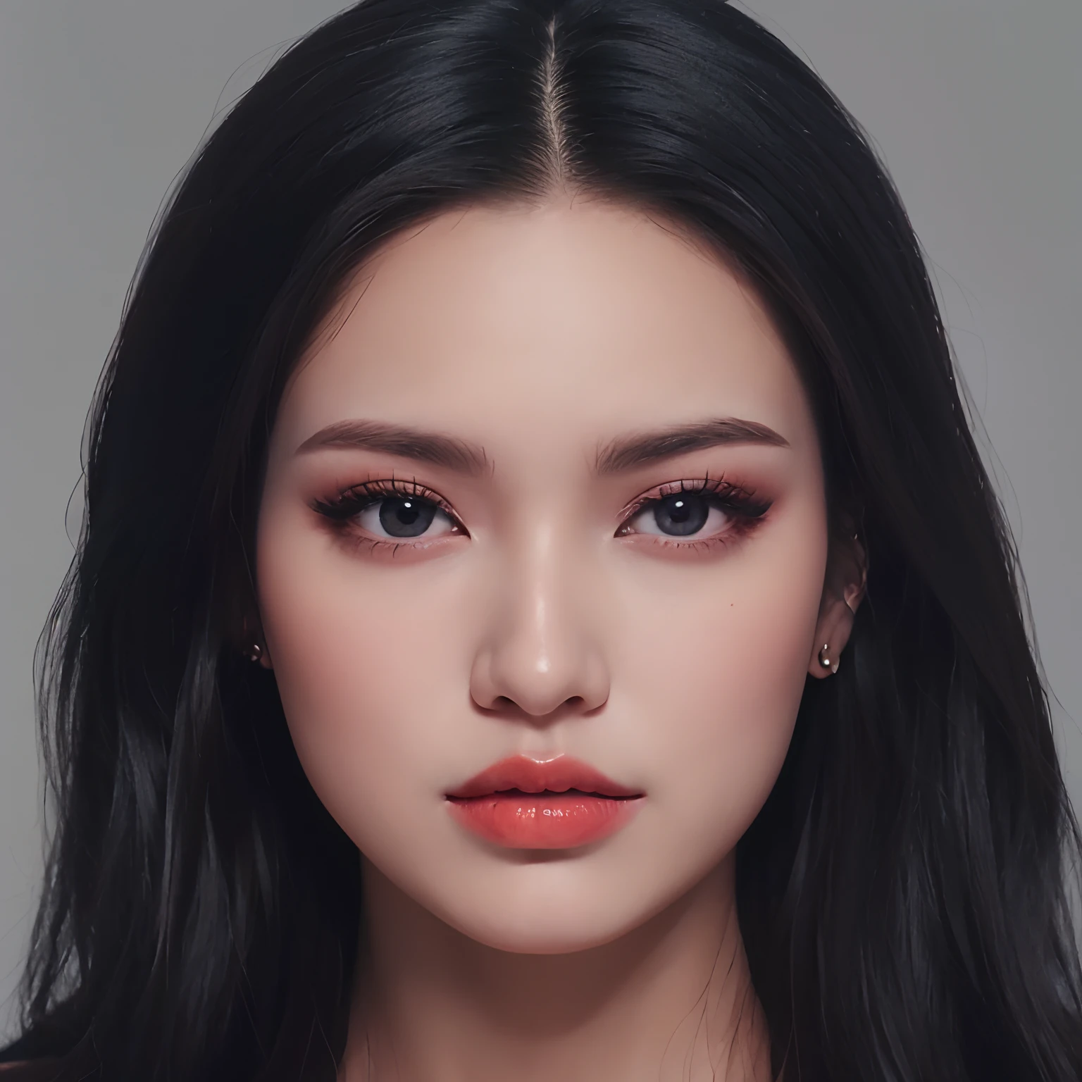 strong makeup, dark eyes, dark long har, pretty, chubby face, bad girl vibe, earrings, stunning, portrait, bold