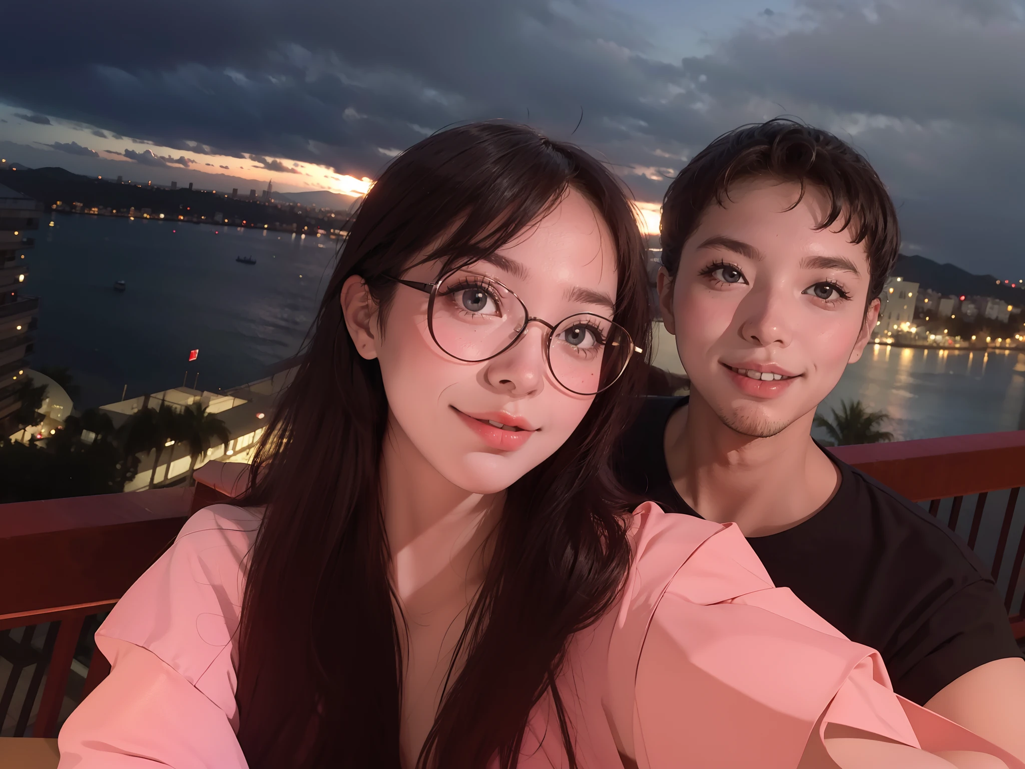 they are posing for a picture on a balcony overlooking the city, 8k selfie photograph, vacation photo, lovely couple, with her long, couple, happy couple