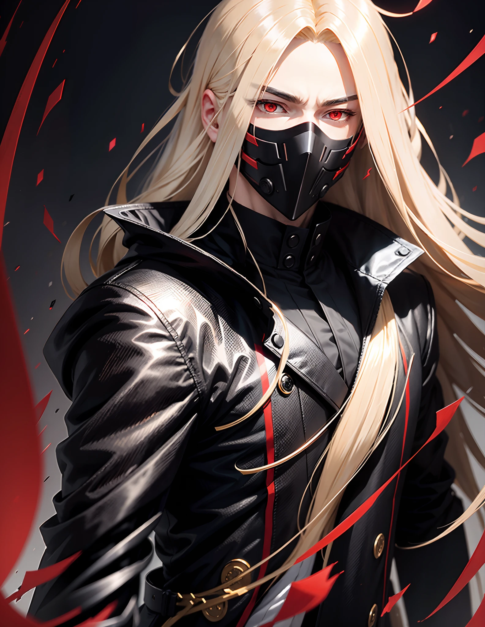 anime boy blonde long hair, black overcoat, red fire eyes, black mask, (((Vertical close and Eyes in Focus)))