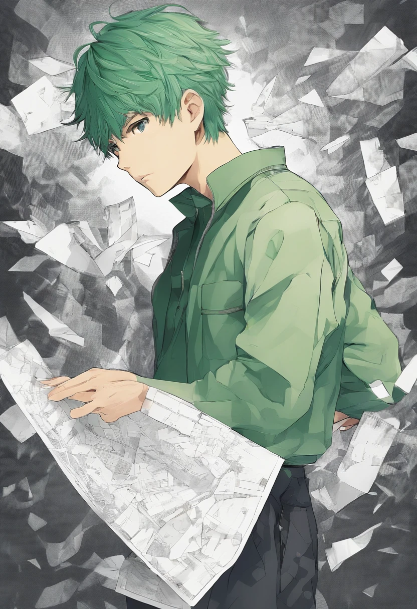 masterpiece, best quality, movie still, 1boy, short green hair, green eyes, adult, closed mouth, cowboy shot, male focus, hand in pocket, holding, holding paper, long sleeves, monochrome, paper, pocket, solo, simple background