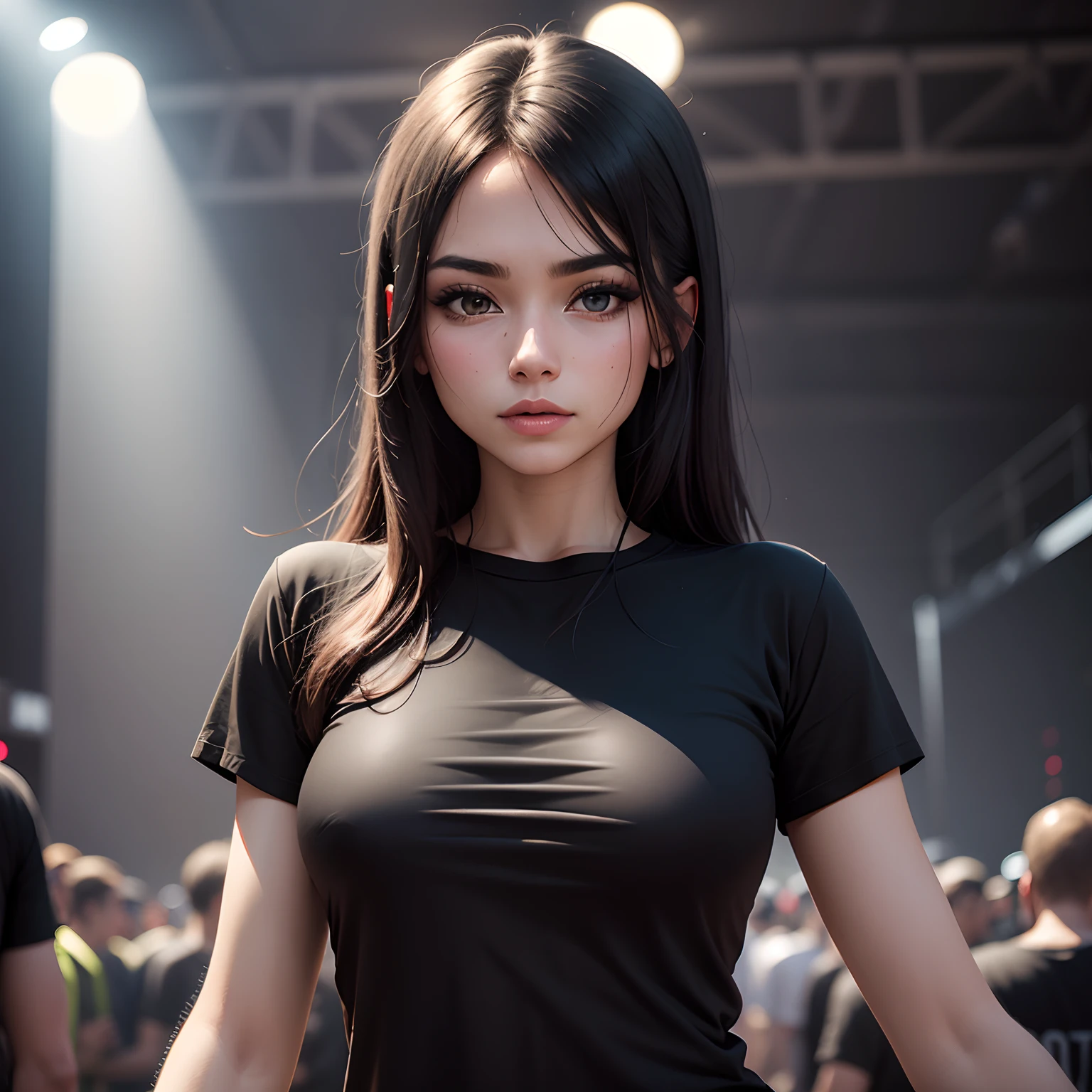 photo of a beautiful woman wearing a blank black t-shirt at a techno music festival
