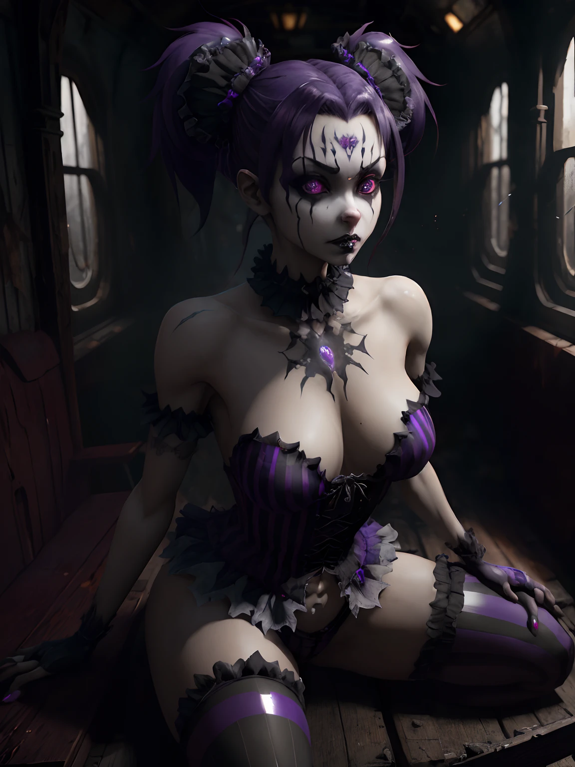 Beautiful Alluring Gothic Clown female, Fantasy Theme, Bare Skin, Outside Of A Haunted Train Ride, Purple And Black Stripes, Gothic Clown Makeup, Frilly Outfit gloves and long socks, pigtails hairstyle, Barely Clothed, Beautiful D&D Character Portrait, Ominous, Dark Fantasy, Detailed, Digital Art, Extreme Detail, Polished, Beautiful, Hyperdetailed, Intricate, Elaborate, Meticulous, Anime Character, Detailed, Anime Face, Sharp Focus, Unreal Engine, 3d Rendered, Volumetric Lighting, Reflections, Glossy, Digital Illustration, Sensual Pose, Suggestive Pose, Full Body Shot, 💖❤💕💋❣