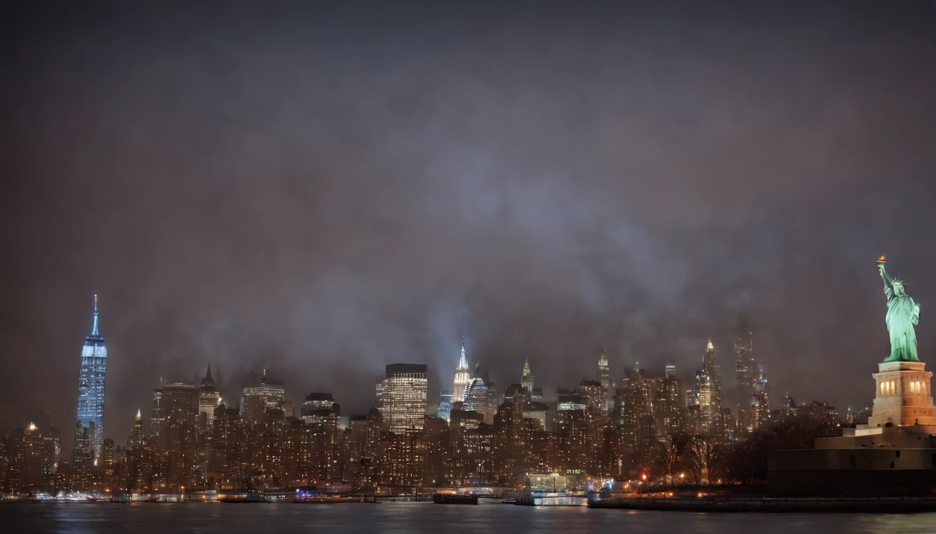 new york city skyline, night, snowing, gright city lights, statue of Liberty in foreground.
