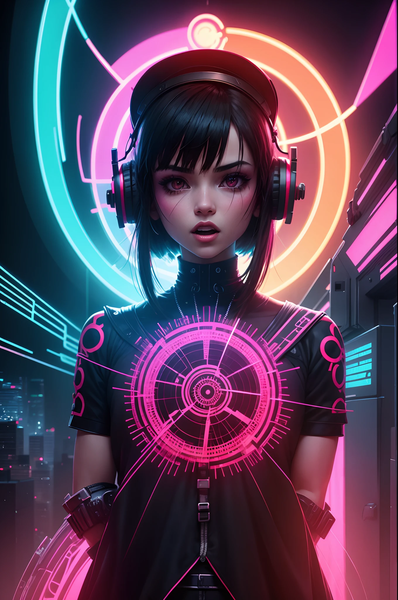 monge budista cyberpunk cantando, Silhouette by neon electric red mandala