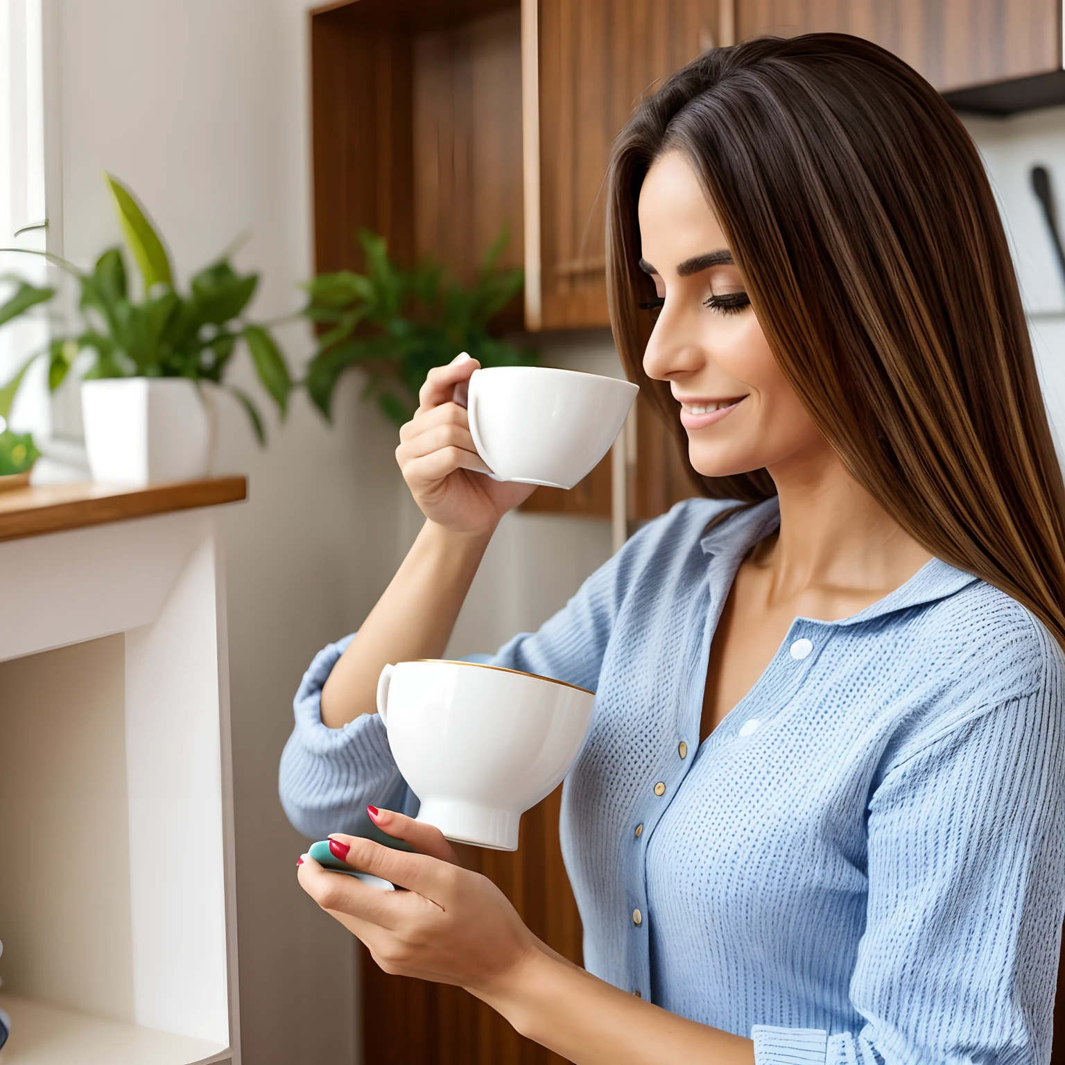 mulher branca realista com 27 anos, nutritionist and holding a cup of tea