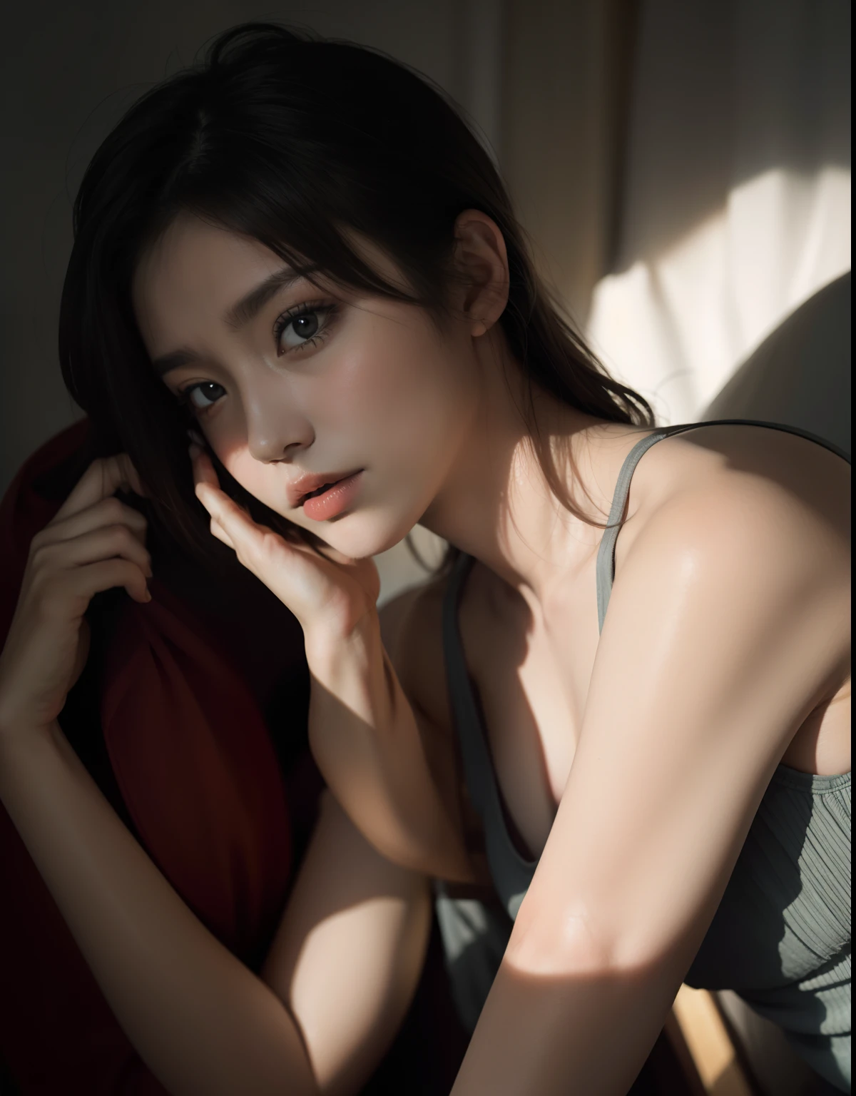 top-quality、masterpiece、超A high resolution、(Photorealsitic:1.5)、Raw foto、1 boy、Tank Tops、murky、deep-shadows、Unobtrusive、cold light、Sexy appearance、shorth hair