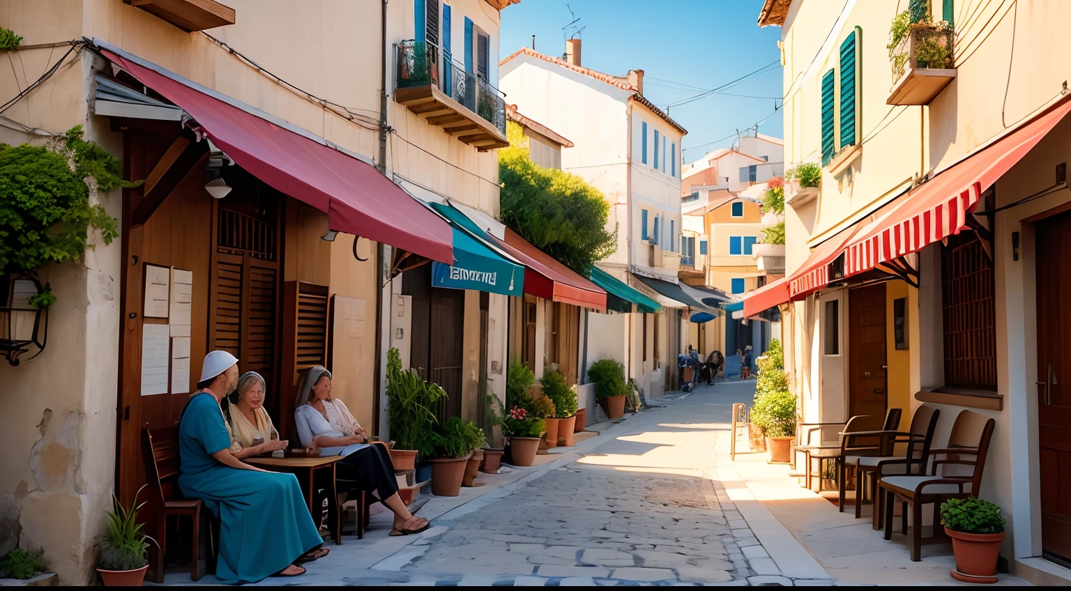 Design a vibrant scene that captures the spirit of a growing community. Pinte um quadro que mostre grupos de pessoas se reunindo sob a luz suave do entardecer, surrounded by traditional buildings of a Greek seaside village. They're sitting in circles, conversando, sharing stories and expressing mutual support. Convey the feeling of human warmth, connection and hope that permeate this moment in the village.