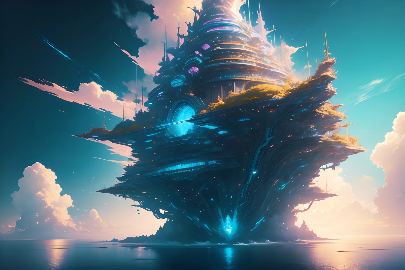 (hyper realistic), ((maximalism)), floating city in the sky with dramatic lighting and vibrant colors, (ultra wide angle), anime style, dramatic blue sky, placid crystal blue water, billowing clouds, highly populated