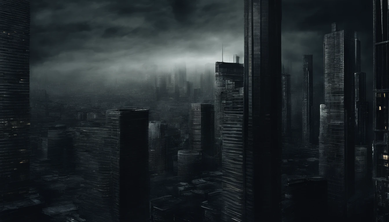 Image of skyscrapers overlooking the street looking up with small spotlights on some windows, ambiente tenso e seco no ar, ambiente escuro, contemporary clothing, Bible, Biblical stories, Based on the Old Testament story of the apocalypse, 8k, cinemactic, Realistic