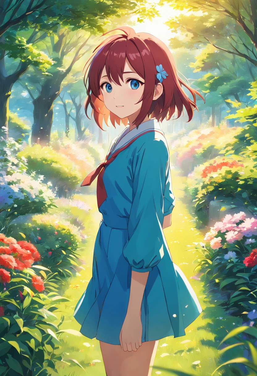 (best quality, highres, ultra-detailed, realistic:1.37), vibrant colors, soft lighting, oil painting style, garden scenery, flowers blooming, green grass, joyful expression, graceful pose, sunlight streaming through the trees, 1fem, 12 ageale, girl, long red hair, blue eyes, short blue dress