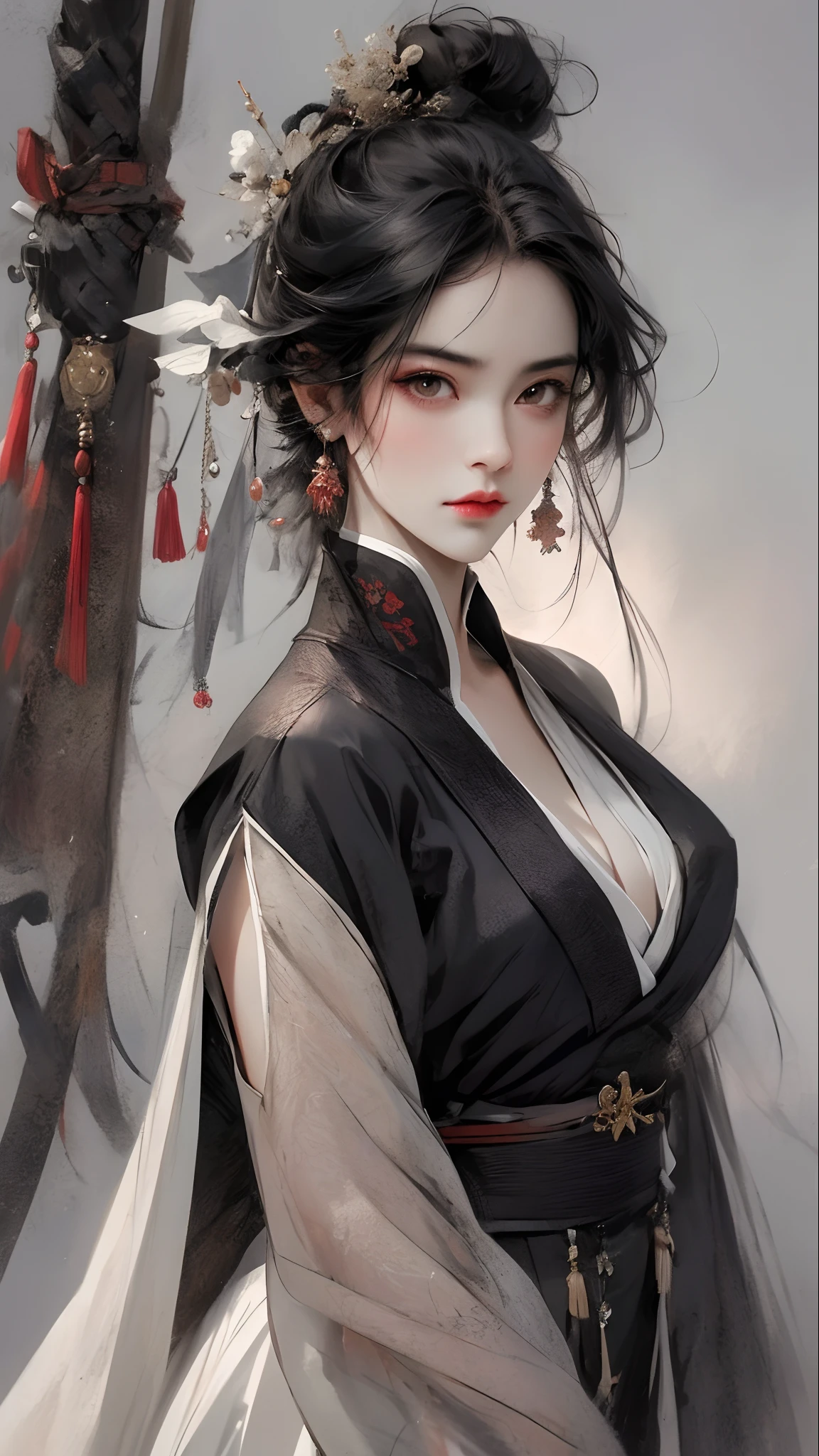 a black-haired,Bust of a woman with black eyes,woman,The expression is serious,Weapon in hand,dynamic compositions,low head,Hanfu,largeeyes,Bright eyes,Loose hair,(Ink blending )Belle peinture de personnage,Clothing red clothes ink style,The face is detailed and colorful,aquarelle,Pale,Martial arts style,National style,A delicate and beautiful face,Waist seal,ssmile,Beautiful