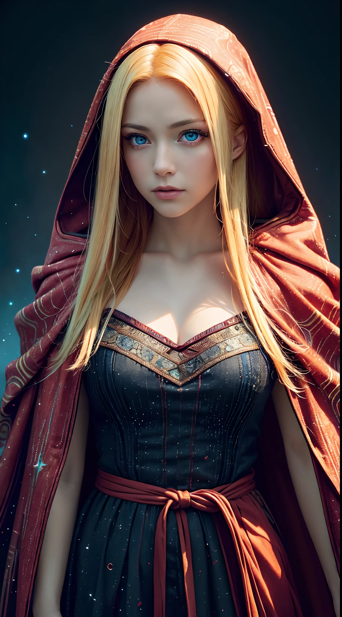 1 girl, wearing huge maroon hood up, (photo realistic:1.4), (hyper realistic:1.4), (realistic:1.3), (smoother lighting:1.05), (increase cinematic lighting quality:0.9), 32K, 1girl,20yo girl, realistic lighting, backlighting, light on face, ray trace, girl wearing a maroon off shoulder robe, wolf blonde hair with blue eyes, black corset, trimmed leg wear, huge maroon hood up, gorgeous face, high resolution, detailed face, not smiling, long hall library background, hair covering half of the face (brightening light:1.2), (Increase quality:1.4), (best quality real texture skin), finely detailed eyes, finely detailed face, (tired and sleepy and satisfied:0.0), (Increase body line mood:1.1), shiny skin
