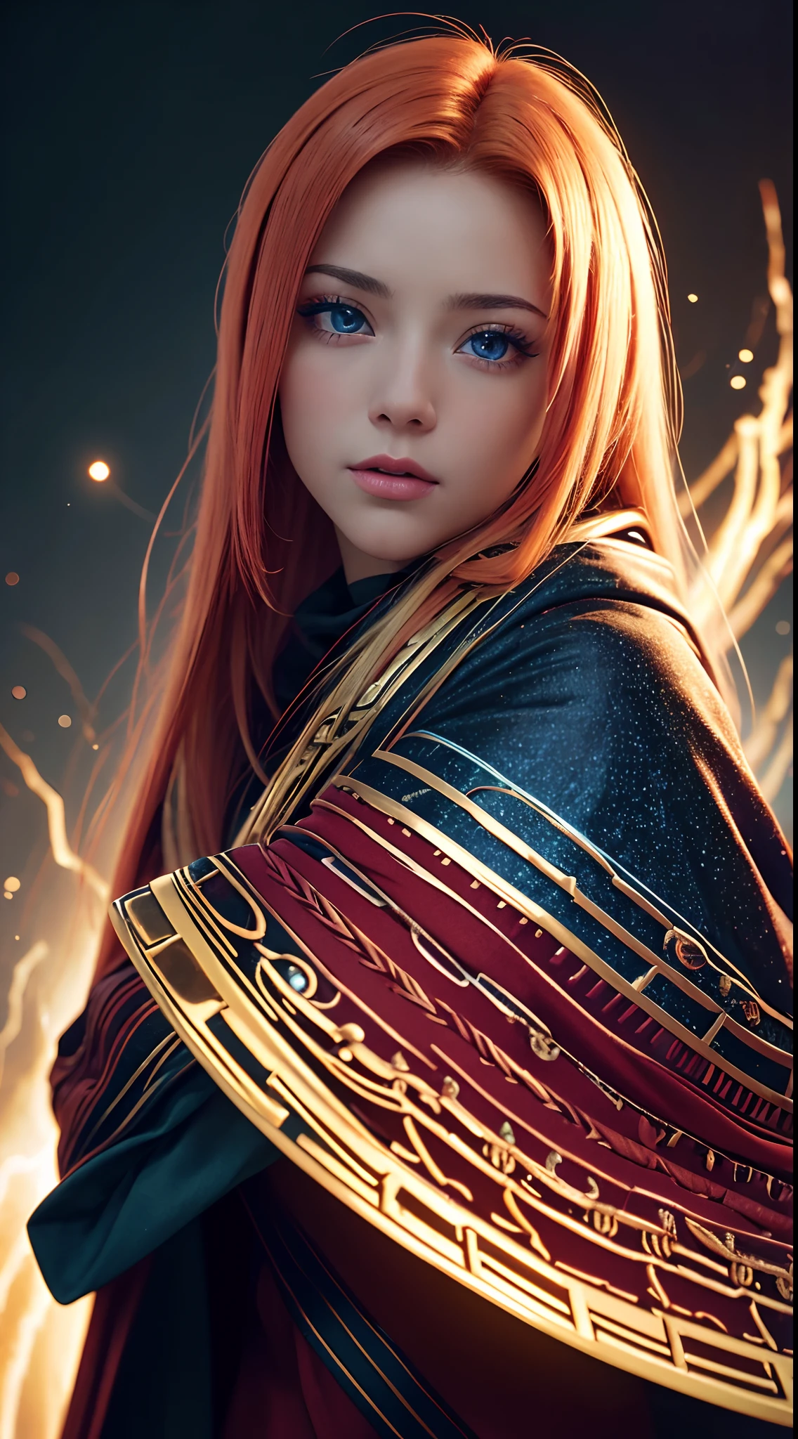 Best quality, 4K, high resolution, Masterpiece:1.2, super ultra detail, (Realistic, Photorealistic, photo-realistic:1.37), vibrant, Red and blue heterochromic eyes，Strong gaze，Mesmerizing eye contact，Fire-red iris，Dark blue shining stars，Shining pupils，Vivid colors，Portrait，Fantasy art，Magical red light，Ethereal beauty，Red color palette，Long yellow hair，Cloak like red