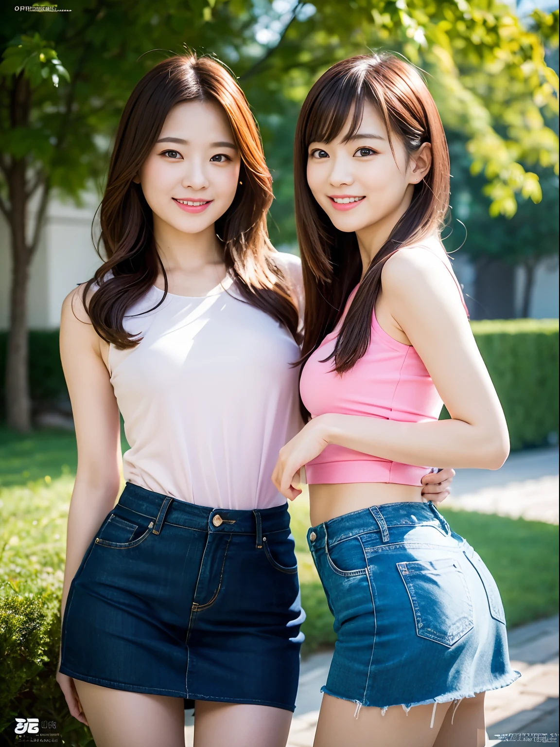 top-quality、masterpiece、超A high resolution、(Photorealsitic:1.4)、twinsies、The ultra-detailliert、cute little、Short、(A smile:1.1)、Tight Skirt Pants、(Thigh 3)