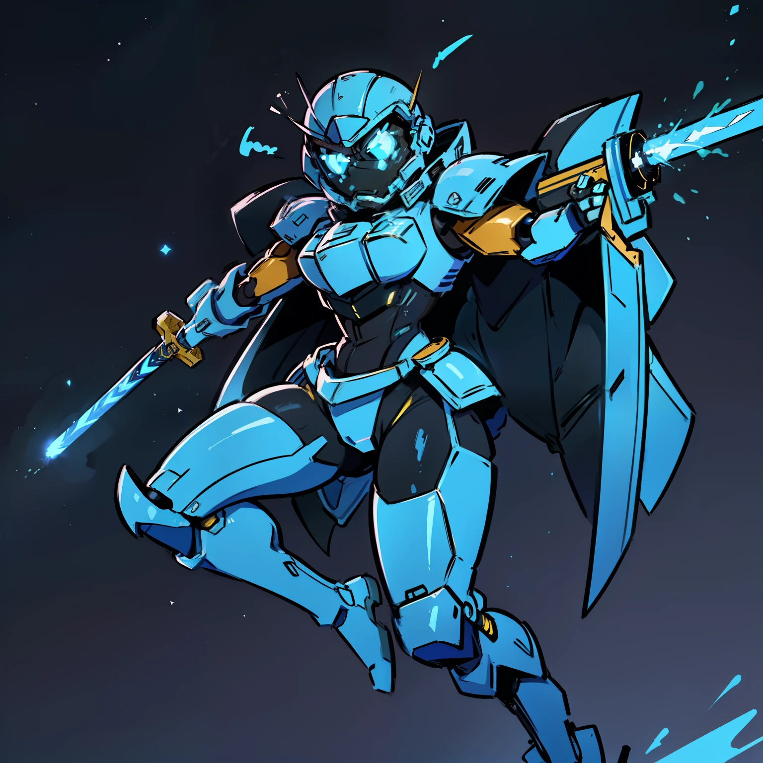 (NSFW:0.7), a cartoon anime style, toonish, Generate a male mecha space ranger soldier character with a strong and heroic appearance, (futuristic armor suit:1.5), (determined expression:2), (energy sword on hip:1.3). Use the color scheme of metallic blue and white for his armor suit. Emphasize the dynamic pose and the presence of stars and galaxies in the background to enhance the sense of space adventure.