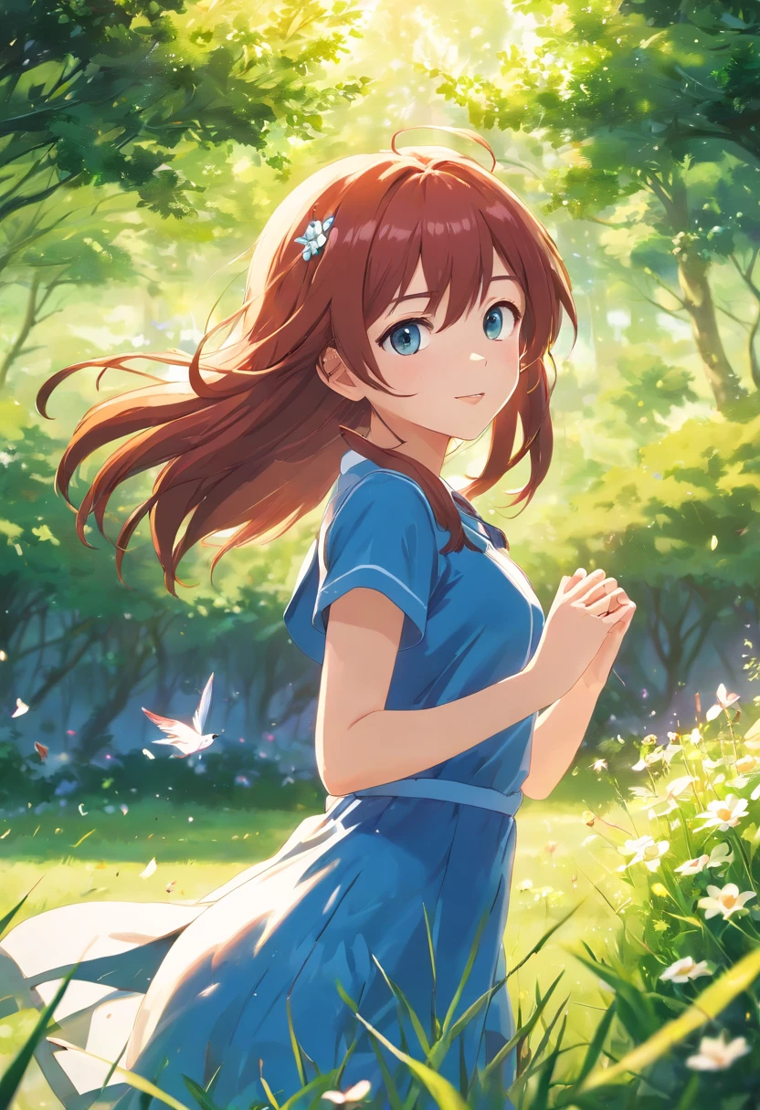 (best quality, highres, ultra-detailed, realistic:1.37), vibrant colors, soft lighting, garden scenery, flowers blooming, green grass, joyful expression, graceful pose, sunlight streaming through the trees, 1fem, 12 age, girl, long red hair, blue eyes, blue dress
