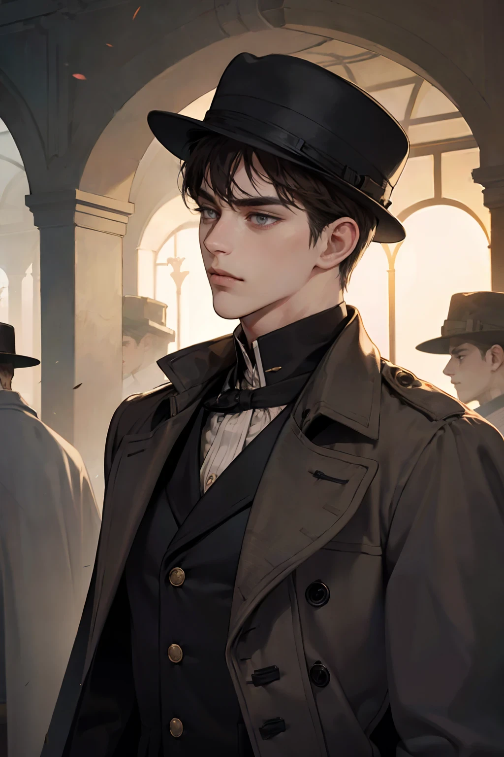 masterpiece, best quality, realistic, 1man, mature male, quiet and charming young man, 25 years old, close his eyes, serious look, extremely detailed face, ((dark grey eyes)), ((short-right-swept dark brown hair)), [thick eyebrows], detective, ((Dressed in a classic overcoat and fedora hat)), cinematic lighting, looking at the audience, posture dynamics, Victorian era