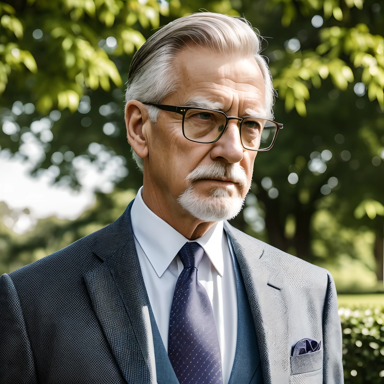 (best quality,4k,8k,highres,masterpiece:1.2),ultra-detailed,(realistic,photorealistic,photo-realistic:1.37),portrait,landscape,photography,elderly gentleman,German chancellor,white tupet hair,white goatee,white mustache,square glasses,suit,vest,park,1990s,retro style,lush greenery,peaceful atmosphere,late afternoon sunlight,serious expression,thoughtful gaze,majestic presence,confidence,experience,distinguished,wise demeanor,graceful aging,wisdom and authority,suit and tie,well-groomed,impeccable fashion sense,crisp and clean lines,natural poses,classic elegance,subtle color palette,lush foliage,dappled sunlight on the ground,gentle breeze,tranquil environment,calm and serene backdrop