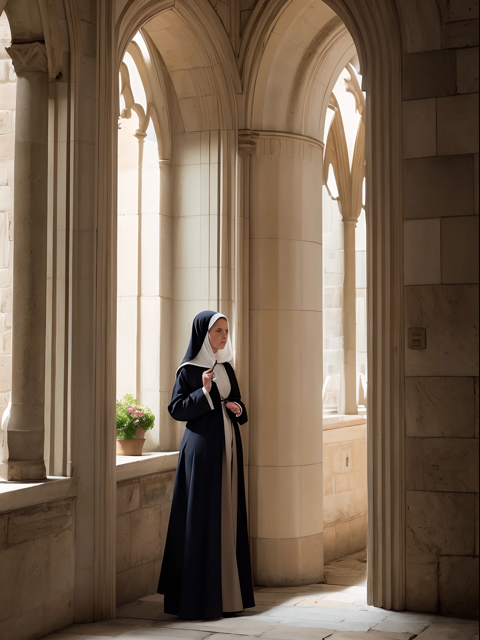 Nonne, Very beautiful young woman, Makeup, grande, mince, fine, in a cloister, (en tenue de religieuse), ((Dressed))