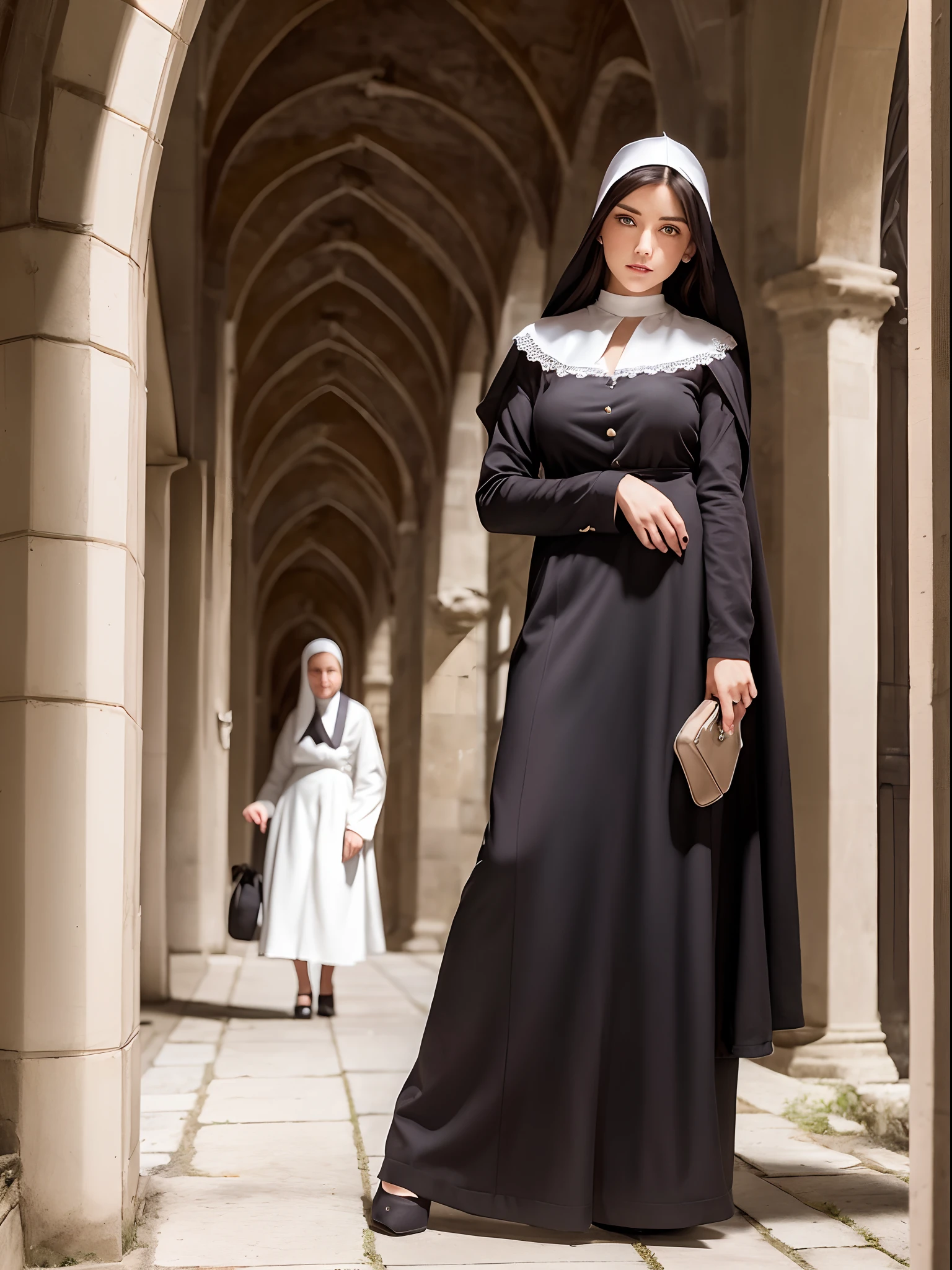 Nonne, Very beautiful young woman, Makeup, grande, mince, fine, in a cloister, (en tenue de religieuse), ((Dressed))