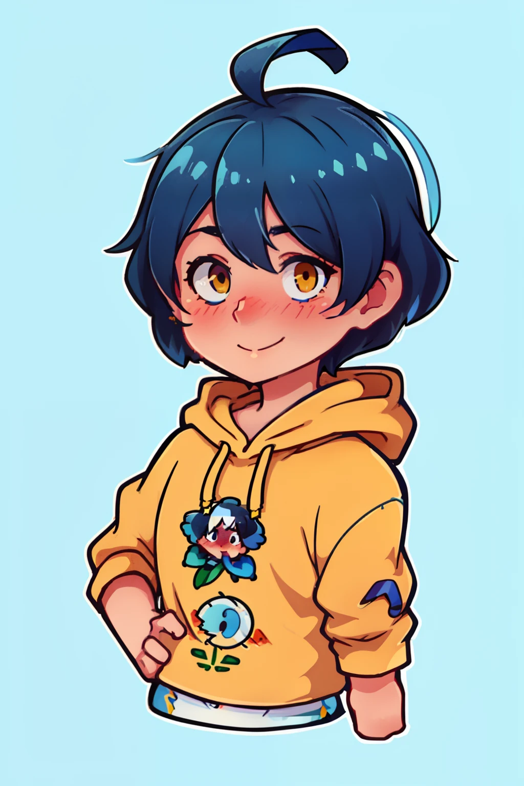 [(simple background:1.3),::5], ((die-cut sticker):1.1), (solid outline:1.2), 1girl, solo, very clear, blue_hair, short_hair, ahoge, (smile:0.8), heterochromia, blue_eyes, yellow_eyes, yellow_hoodie, ((blush):1.2), portrait, crop, cropped, ((full body):0.3)