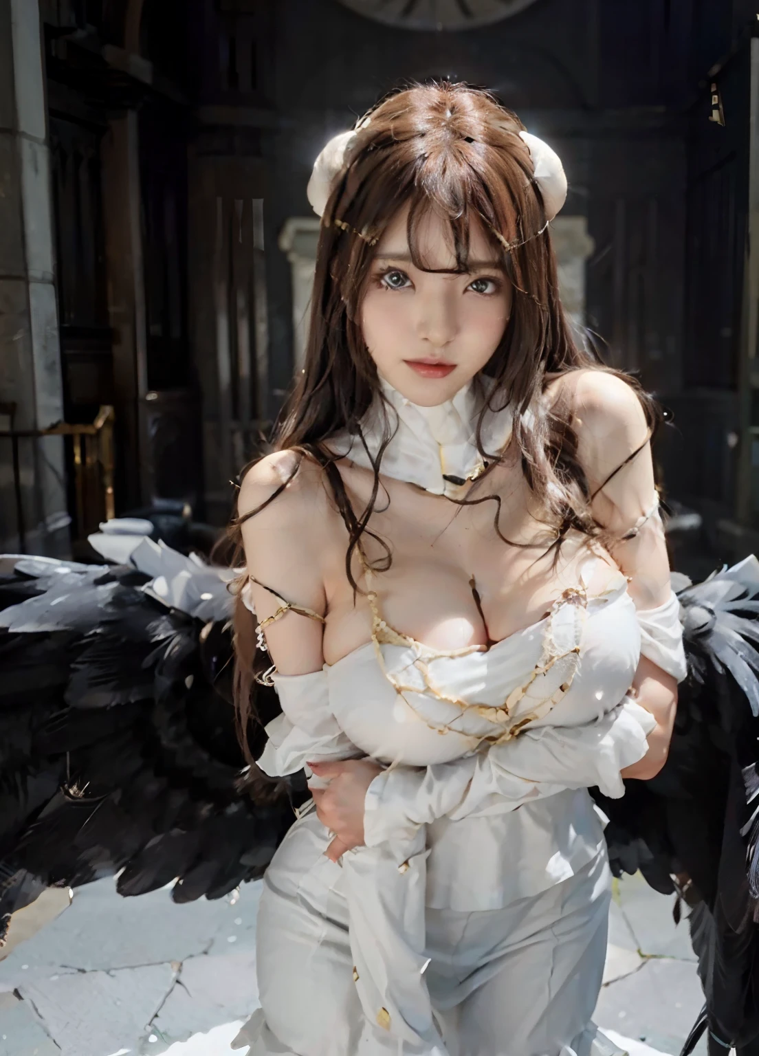 albedo from overlord, trending on pixiv, Trending Anime Hyperrealism, White Devil's Horn,Black angel wings growing from the waist,、 curvy but slender, Signature White Dress, Signature pose at the mansion,(Huge breasts:1.5)、(Soft breasts:1.5),drooping bangs、Background Church