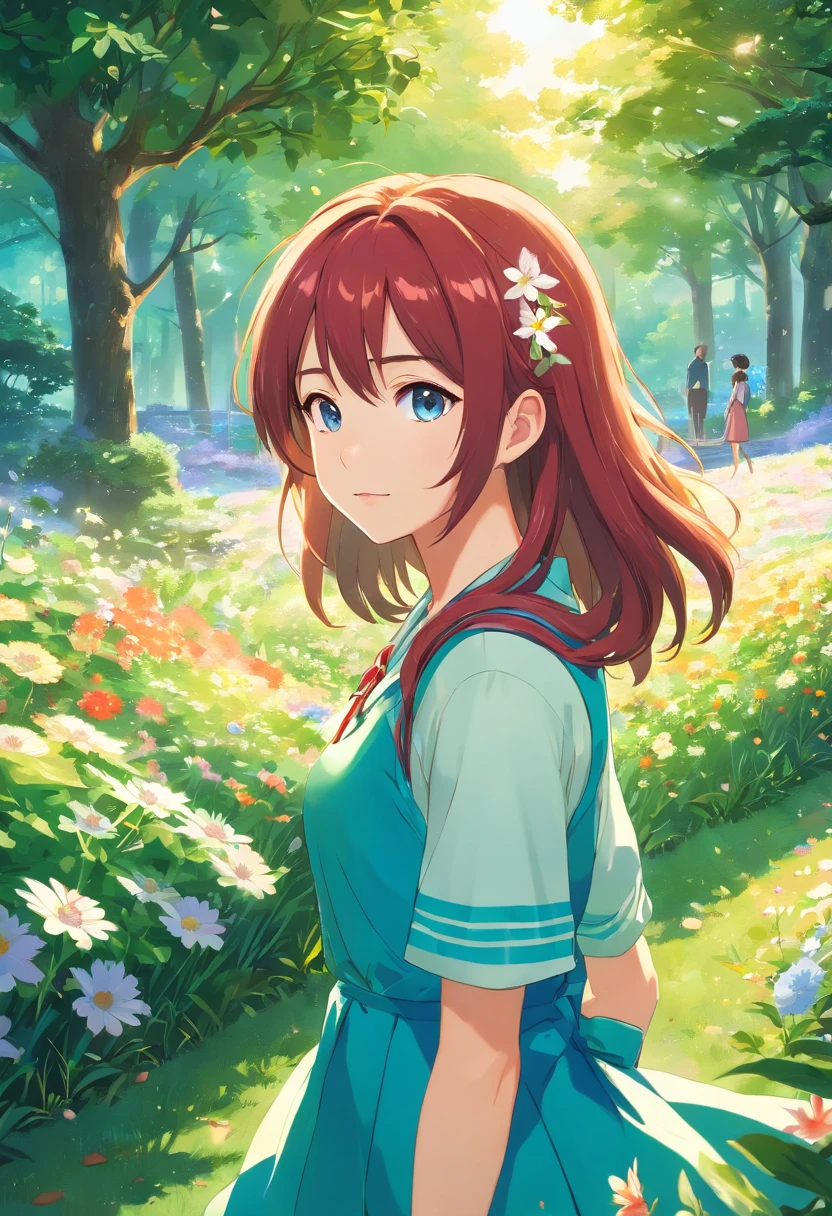 (best quality, highres, ultra-detailed, realistic:1.37), vibrant colors, soft lighting, garden scenery, flowers blooming, green grass, joyful expression, graceful pose, sunlight streaming through the trees, 1fem, , girl, long red hair, blue eyes, blue dress, fantasy medieval