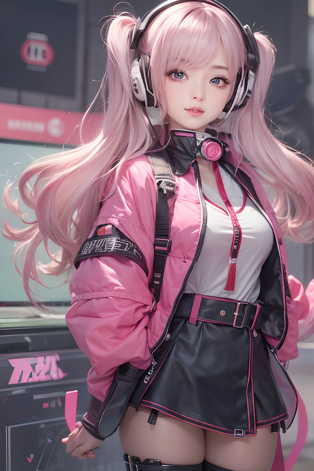 masterpiece, 1 beautiful girl, Detailed eye, Swollen eyes, top-quality, 超A high resolution, 电影灯光, japanes, a asian beauty, very extremely beautiful, Beautiful skins, A slender, Forward-facing body, gazing at viewer、(animesque), (hight resolution), , (ighly detailed), ( Best Illustration), (beautifully detailed eyes), (ultra-detailliert), 详细的脸, Bright lighting, Professional Lighting、The background is a cyberpunk room with a large number of monitors....、Hair color is pink twin tails、、headset on head、Moles under the eyes、Plump and glossy lips、Heart-shaped choker、Female Game Commentator、animesque