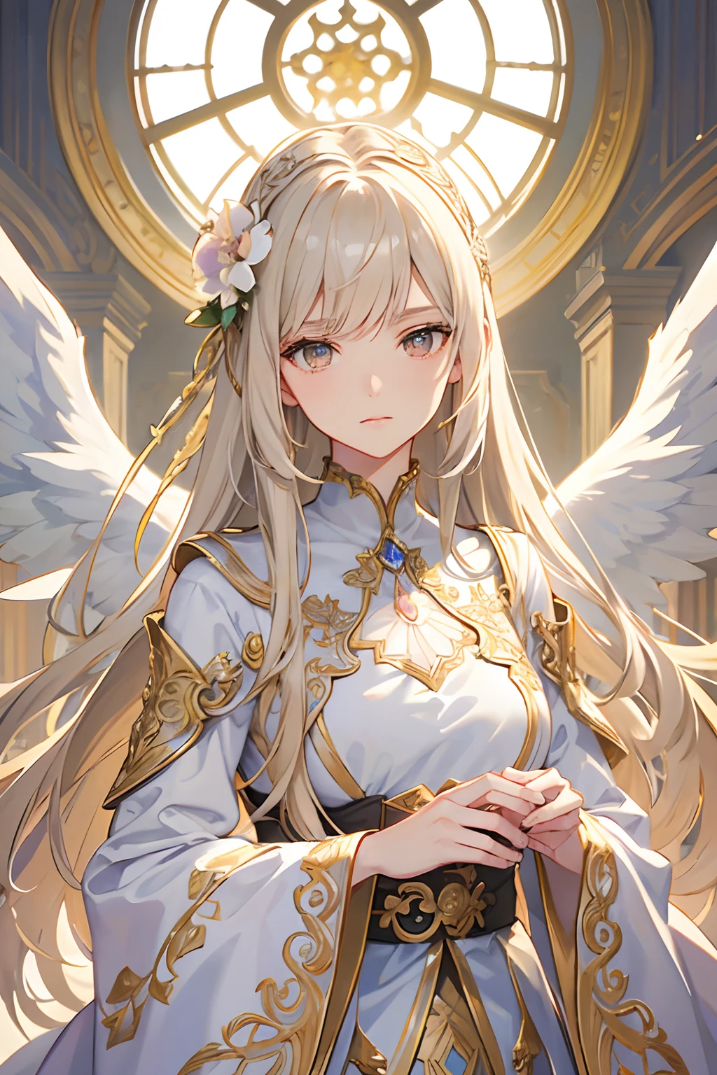 Official Art, Masterpiece European female, angel, white wings, pale brown hair , brown eyes, (​masterpiece、top-quality、hight resolution: 1.4),in 8K, Anime Art Nouveau, highly detailed exquisite fanart, anime fantasy illustration, clean detailed anime art, detailed anime art, Sharp Focus, Delicate Beautiful Hair and Eyes and Face, realisitic, ultra-detailliert, flower garden, sunlight,