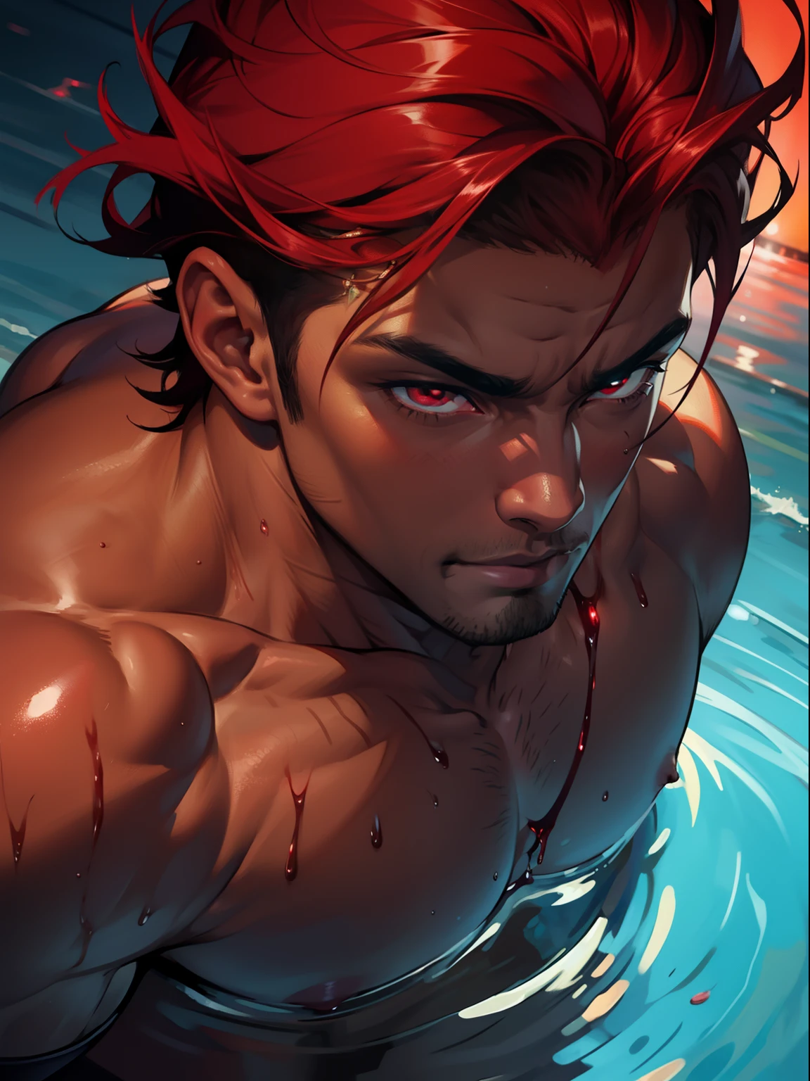 Solo, dark skin man, wet, blood cherry hair, huge pecs, glowing red eyes, bulging , close up, emphasis on chest,