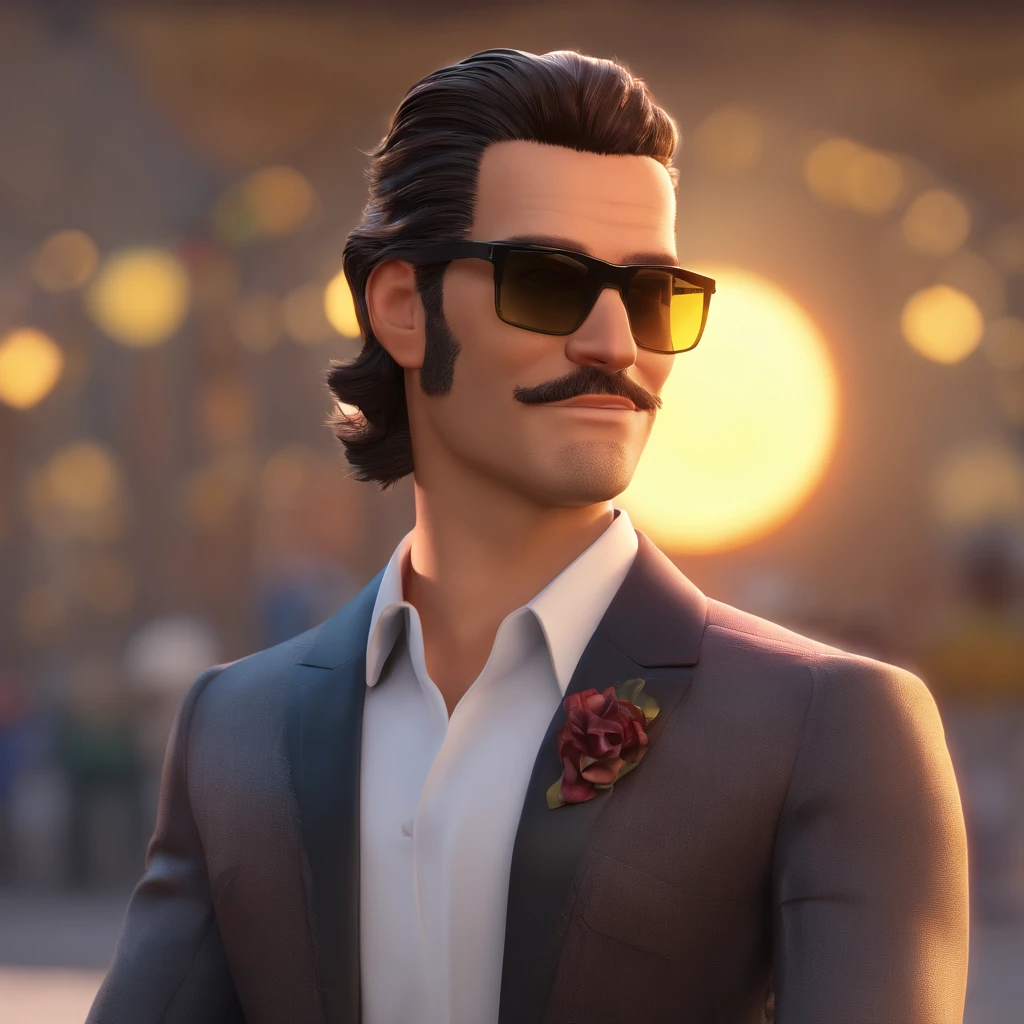 Man with sun glasses, charismatic look keanue reeves in 3d disney carhacter