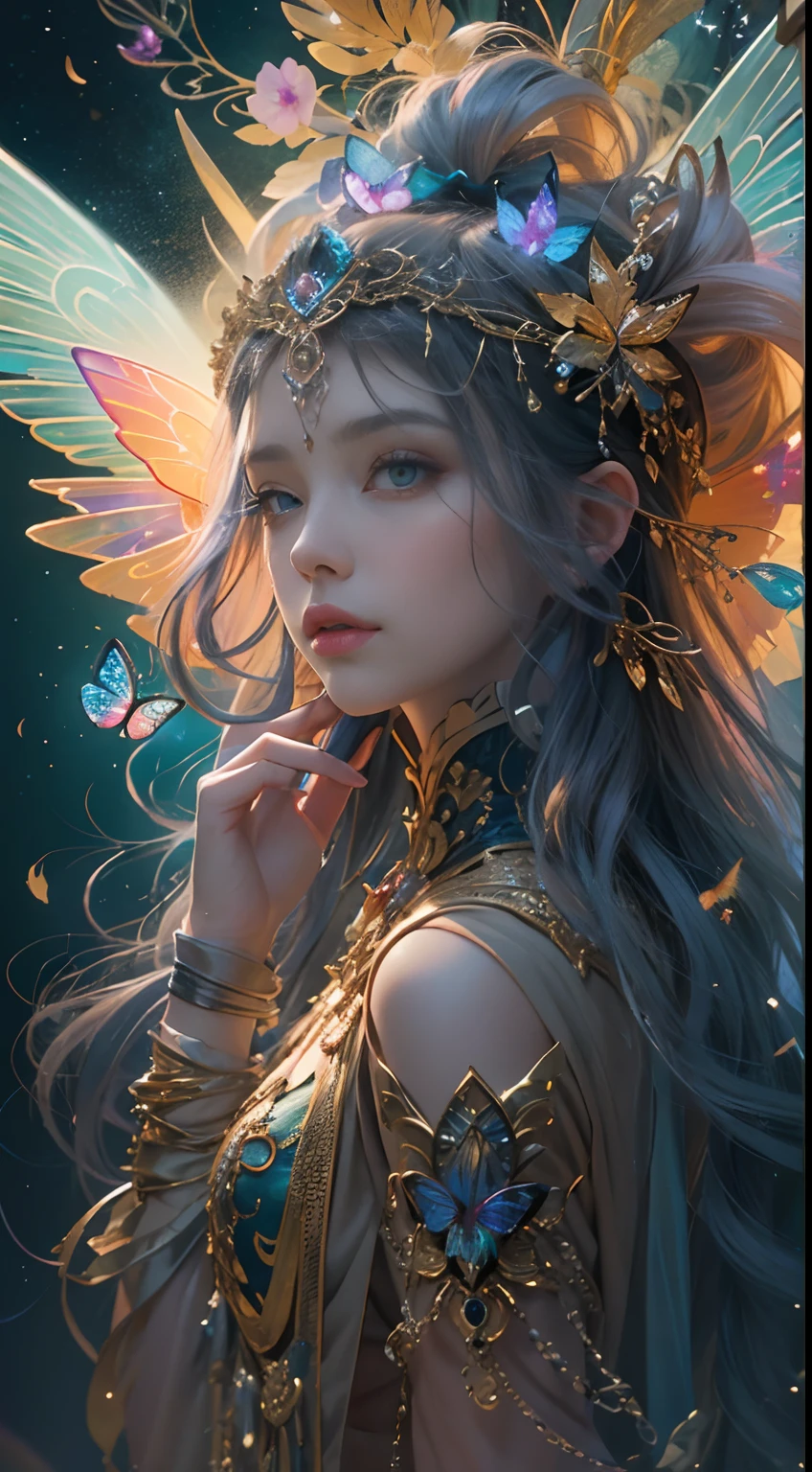 (((Masterpiece))), (((opulent))), (((Best quality))), ((Ultra-detailed)), (Highly detailed CG illustration), ((An extremely delicate and beautiful)), Cinematic light. Create stunning fantasy artwork,Imitate the style of the currently popular genre masters. The artwork should contain rich and ornate elements of mythological fantasy and fairy tale fantasy,And with colorful rainbow accents and deep gemstone tones. ((Use the rainbow as the main color scheme.)) The character in the work is a delicate but strong petite character,Exudes an aura of mystery and magic. Pay close attention to intricate facial features, For example, captivating eyes with bright colors and bold shadows. The character's clothes should be designed with gossamer feathers, Silk, Amazing embroidery, and subtle iridescent details. merging (((Translucent rainbow))), Dreamy colors, Dynamic lighting, and detailed background elements,Create a sense of awe and immersion. ((These include colorful flying magical birds and jewel-hued rainbow butterflies that exude magical halos.)) Consider the latest trends in fantasy art, such as incorporating unique lighting effects, Explore dynamic and compelling compositional techniques, And try a unique color palette. Take inspiration from top artists on ArtStation and Midjourney. camera: Choose an angle that highlights the beauty of the characters and enhances the magical majesty of the artwork. lighting: Create depth and atmosphere with atmospheric lighting technology. Resolution: Aim for high-resolution artwork,to showcase intricate detail and clarity. Artistic inspiration: Get inspiration from popular artists on ArtStation, Explore different styles, genre, and the theme.