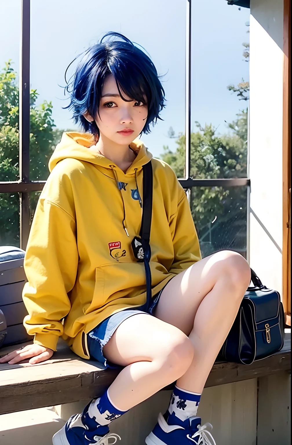 (Xenovia_Quarta, high school dxd, short hair, multicolored hair, blue hair, green streak hair, (breasts, medium size breasts), cleavage, eyes, yellow eyes, thurime, beautiful face, 18 years old, nice hands, perfect hands, (sitting in a chair, smilling) (outfit: naked hoodie, blue hoodie, open hoodie) (background: office room, desk, computer, monitor, keyboard, office chair, window, starry night, moon, night time) (((masterpiece, high quality, best illustration, high resolution, 1girl, solo)))