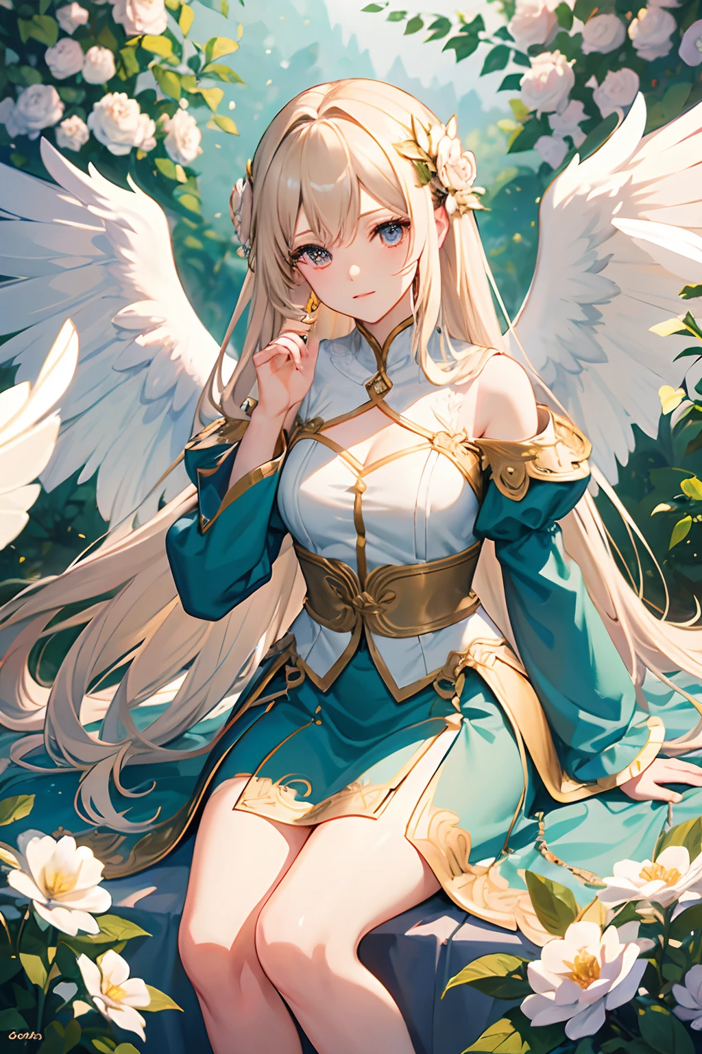 ((masterpiece)), (((Best quality))), illustration, (character design, same character, front view), woman, bright skin, eyes yellow and green, heterochromia, blonde hair, long hair, hair braided in buns, angel wings for ears, Clownish clothes, belt, (White background: 1.3) ,--6