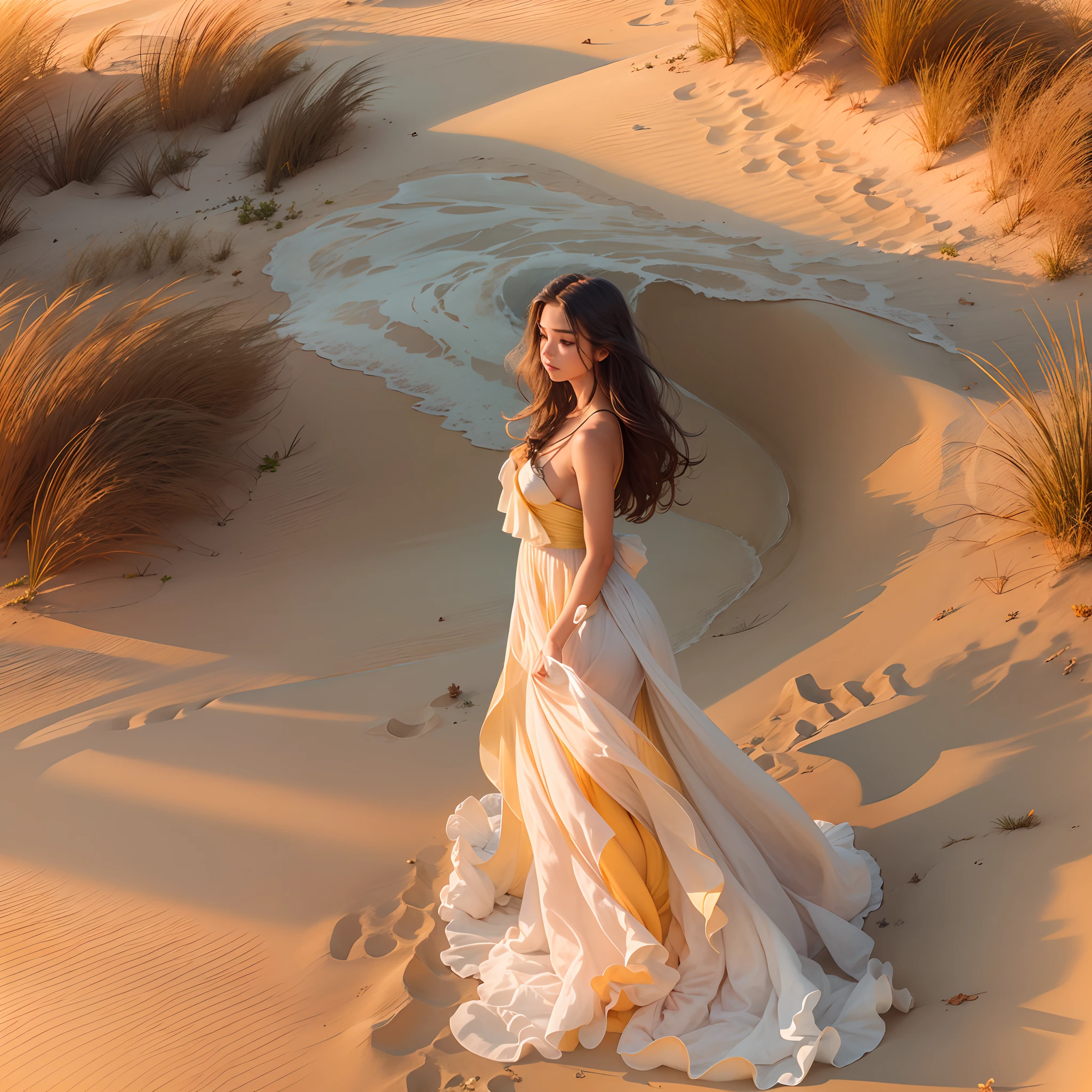 beautiful sunset, serene atmosphere, tropical vibes, soft golden light, flowing dress, wind-blown hair, sandy beach, crystal clear water, vibrant colors, dreamy and ethereal, minimalistic composition, summer escape, peaceful solitude, tranquil seclusion, natural beauty, artistic expression.