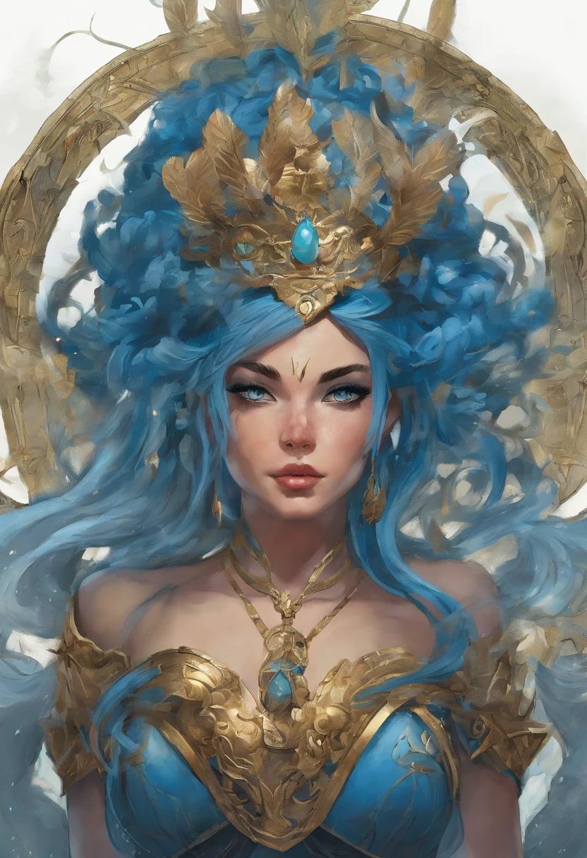 Woman goddess of luck blue hair ,Tyler Edlin Fantasy Art, Style artistique humblewood, Illustration High Fantasy, guerrier , Surprisingly detailed D & D art