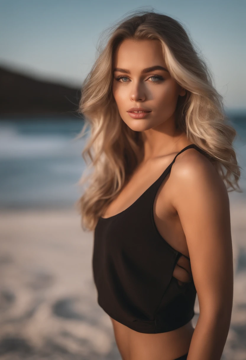 woman with matching tank top and panties, on the beach  with blue eyes, portrait sophie mudd, portrait corinna kopf, blonde hair and large eyes, Selfie einer jungen Frau, Augen im Schlafzimmer, Violet Myers, ohne Make-up, Natural makeup , Blick direkt in die Camera, Gesicht mit Artgram, dezentes Make-up, Stunning full body shot, im Schlafzimmer, Spaltung