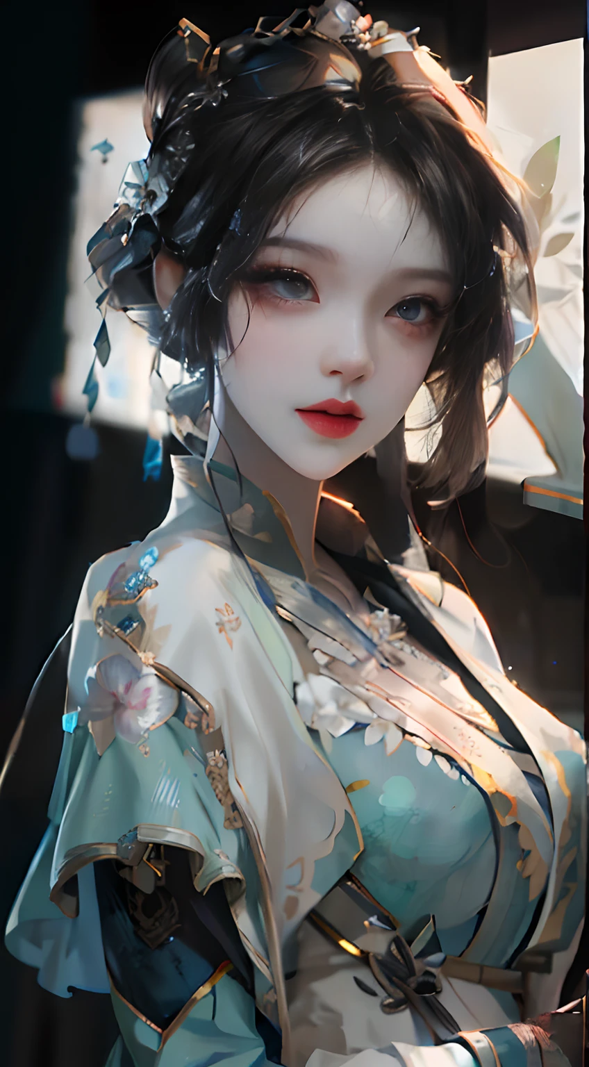 (detailed:1.4), Masterpiece, Best quality, 1 Female, Mature Woman, Elder Sister, young girl, Royal Sister, the expression is cold, strong, blue eyes, wolfcut short hair, smoky mix navy blue color hair, resolute eyes, simple black and white Taoist Taoist uniform, long red eardrop, Chinese mix morden, frontal photo, blank background, remove background, wolfcut hairstyle, anime, illustration
