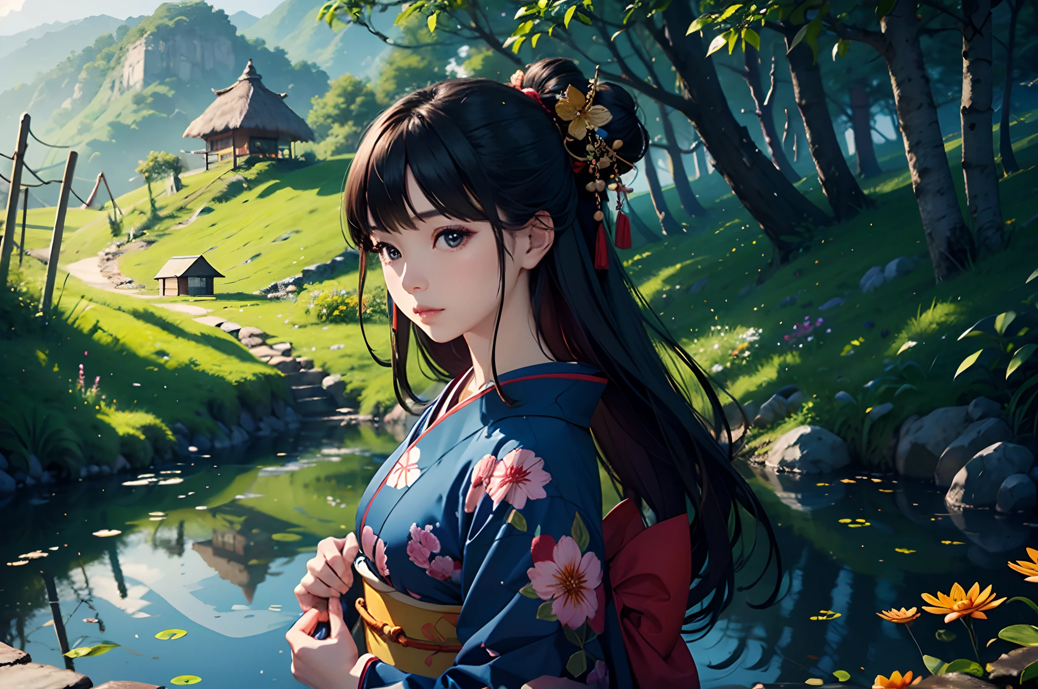 beautiful woman, hill side, hut, kimono, pond, perfect face, long hair, vibrant nature, warm tone