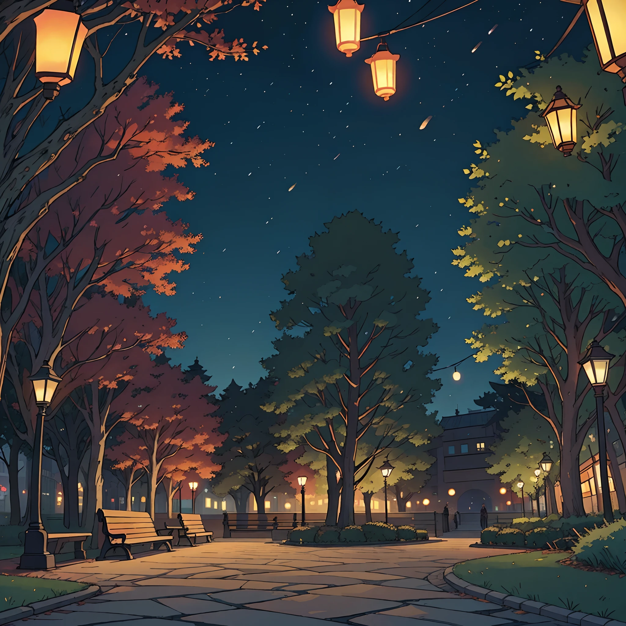 perfect anime illustration, city park, the night, Against the backdrop of a metropolis, the trees, Benches, lanterns, path